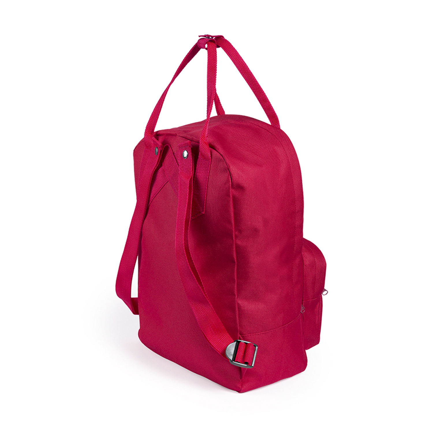 Uno zaino rosso con spallacci e maniglia superiore su sfondo bianco. La borsa ha una tasca laterale e una fibbia.