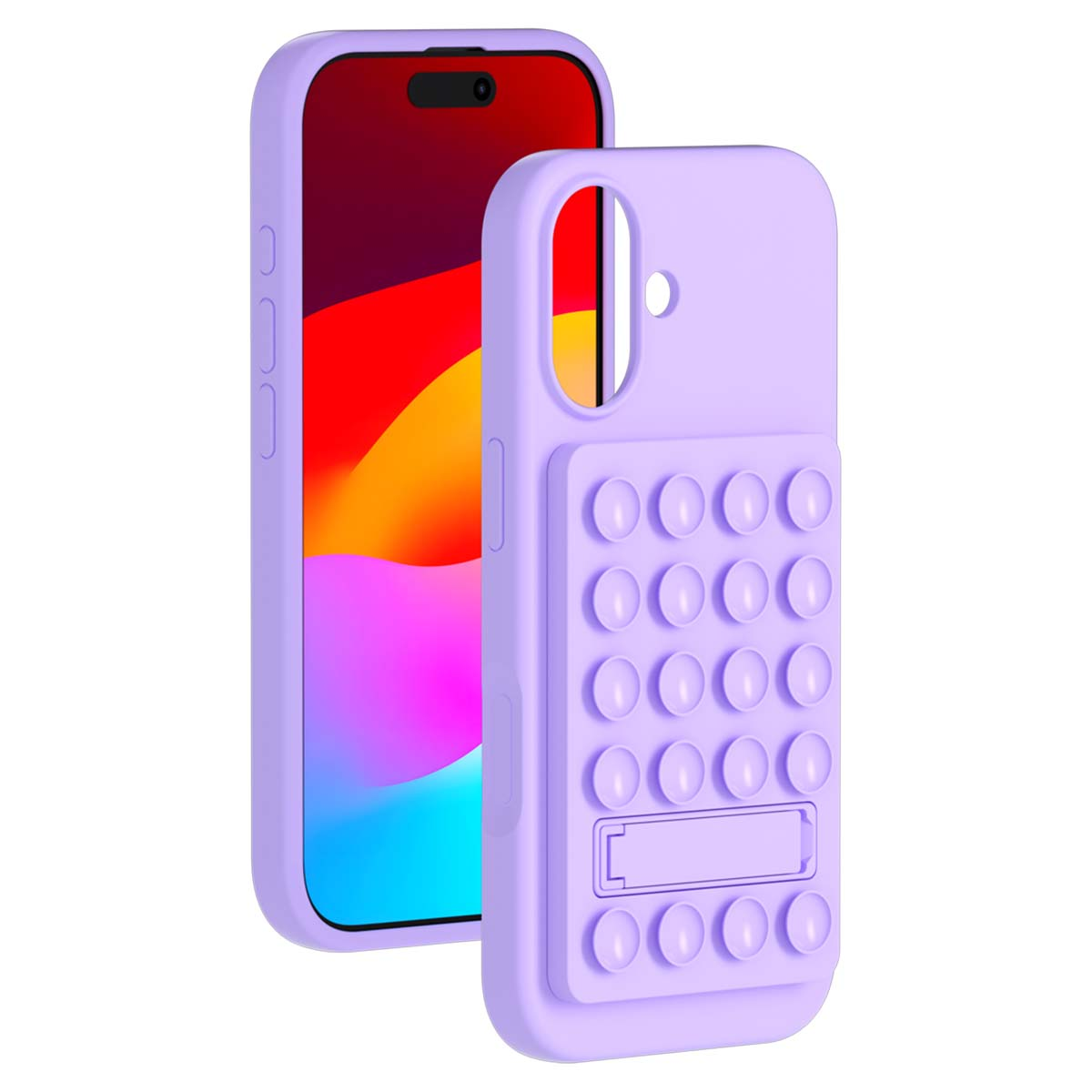 Una custodia per telefono viola con un design a bolle, accanto a un telefono con schermo rosso e arancione.