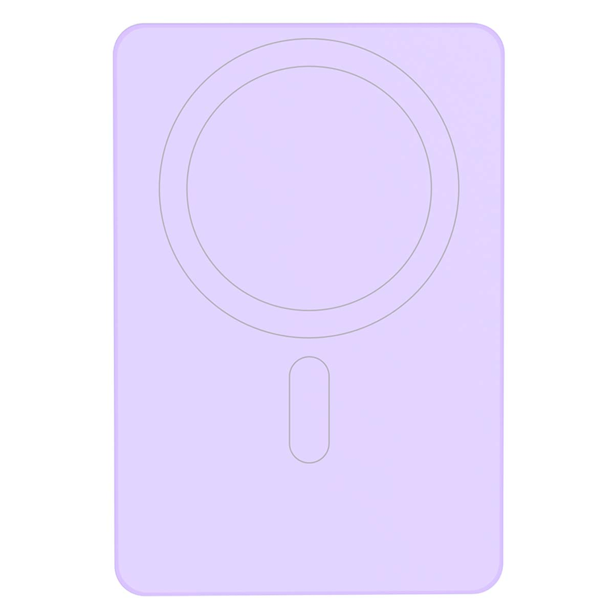 Un rettangolo lilla chiaro con un design circolare nella parte superiore centrale e una forma ovale verticale in basso.