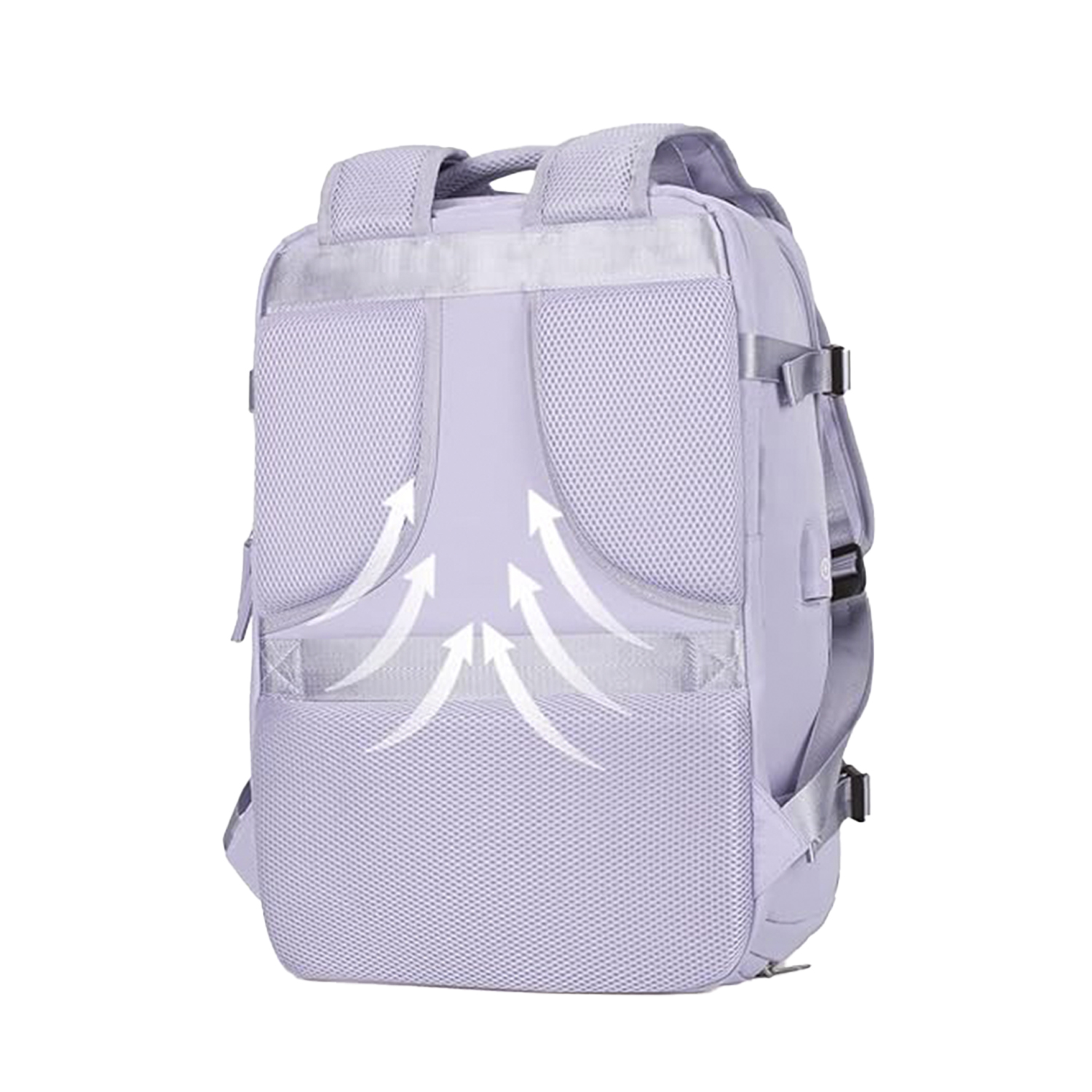 Uno zaino lavanda, visto da dietro. Ha sezioni in rete, cinghie e fibbie. Le frecce indicano il design del flusso d'aria.