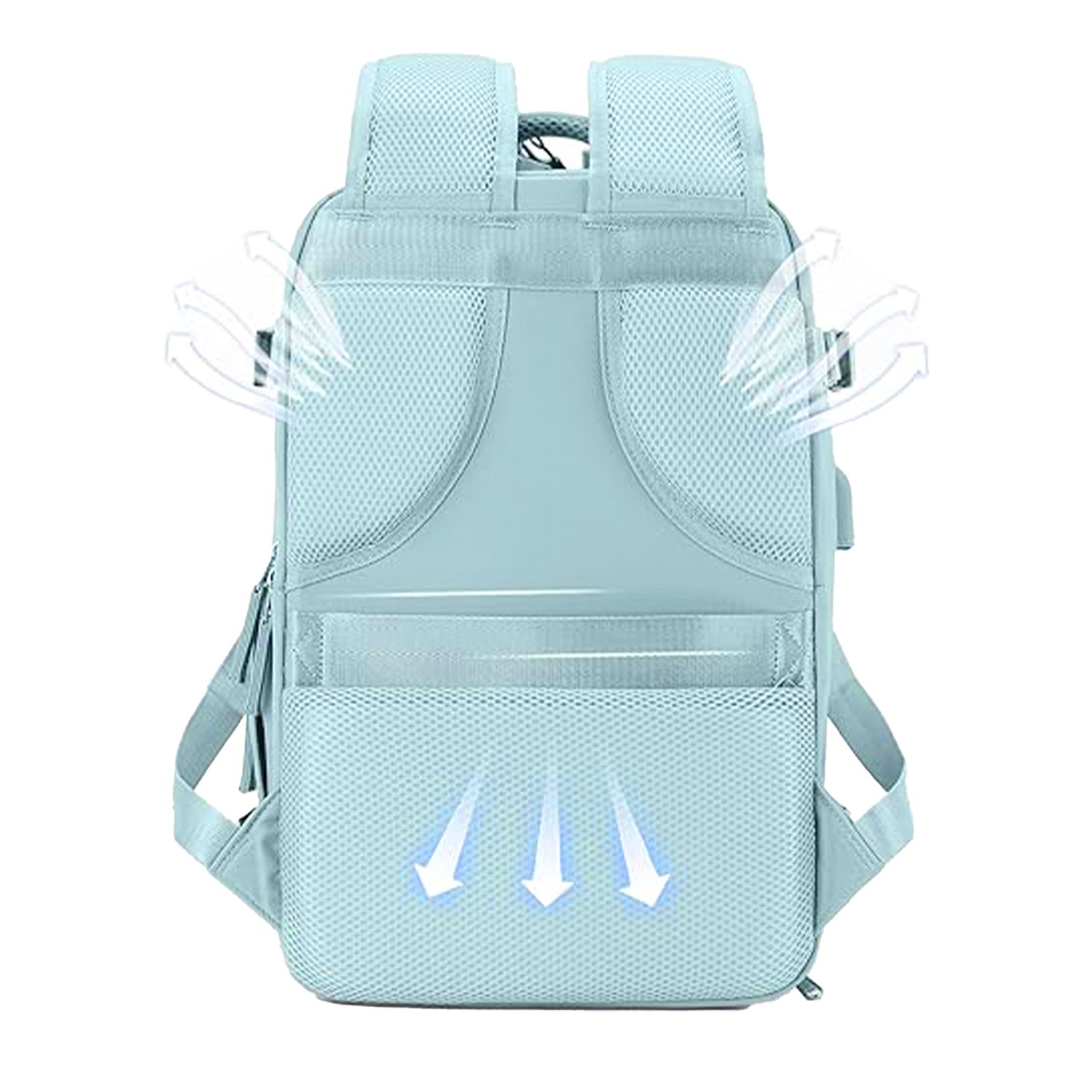 Uno zaino azzurro con tasche a rete. Le frecce indicano il flusso d'aria. Il design sottolinea la traspirabilità e la ventilazione.