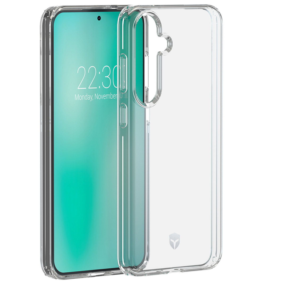 Una custodia trasparente per telefono accanto a uno smartphone con schermo verde che mostra l'ora. La custodia è trasparente.