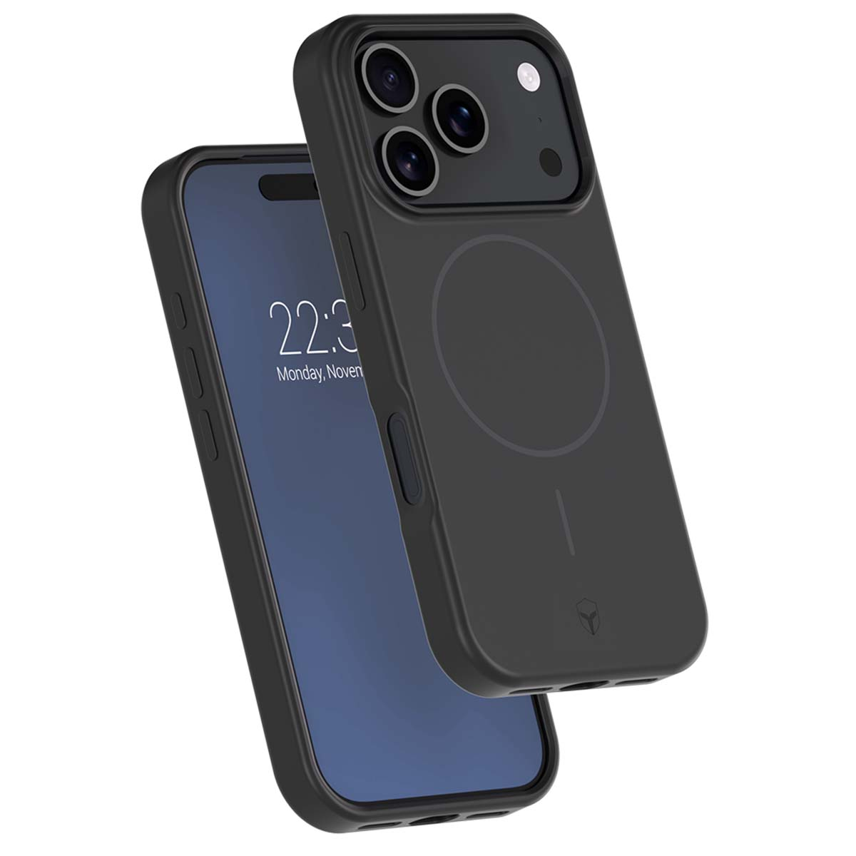 Un telefono nero con custodia, che mostra l'ora e la data. La custodia ha un design circolare e la fotocamera è visibile.
