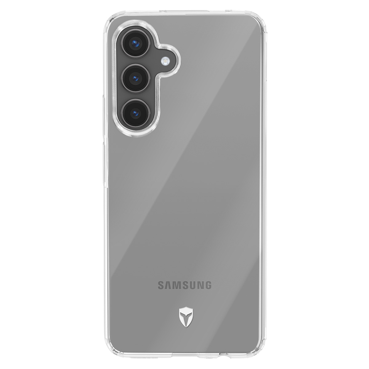 Una custodia trasparente per telefono su un telefono grigio. Il telefono ha tre fotocamere. Il logo Samsung e uno scudo sono visibili.