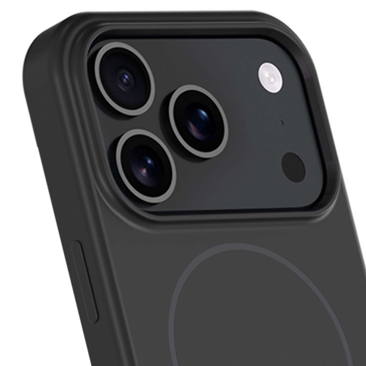 Primo piano di una custodia nera per smartphone con tre obiettivi, un flash e un punto nero sul retro.