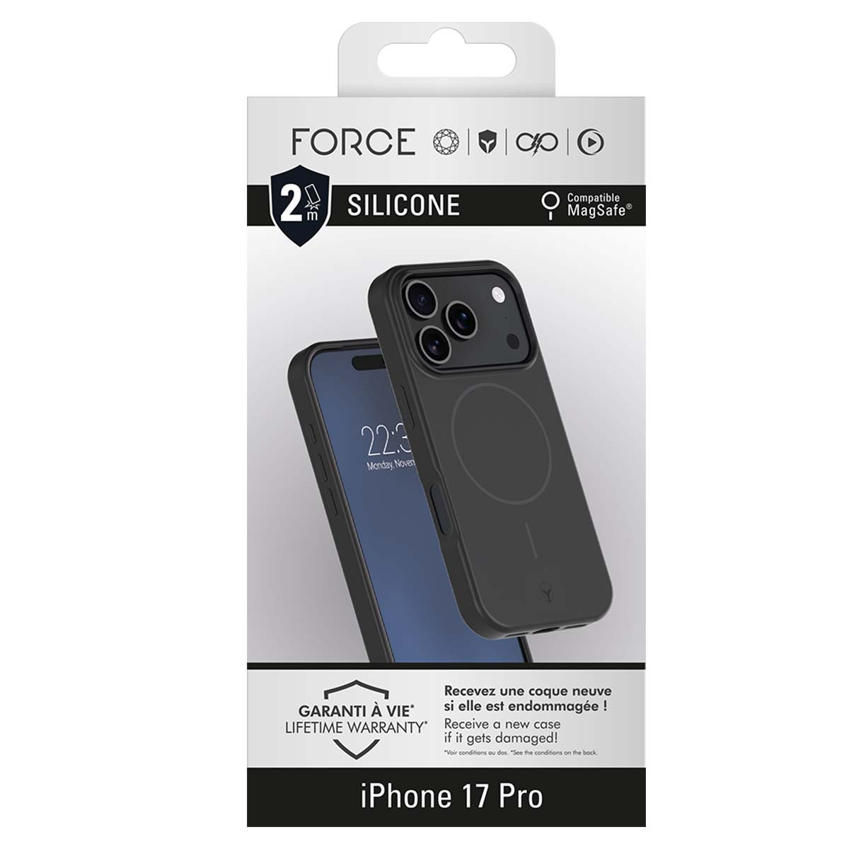 Una scatola di custodia per telefono con telefono e custodia all'interno. La scatola mostra 'FORCE' e 'SILICONE'. È etichettata per iPhone 17 Pro e MagSafe.