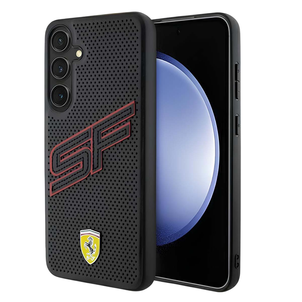 Custodia nera per telefono con logo SF rosso ed emblema Ferrari. Schermo del telefono visibile. Custodia con superficie strutturata.