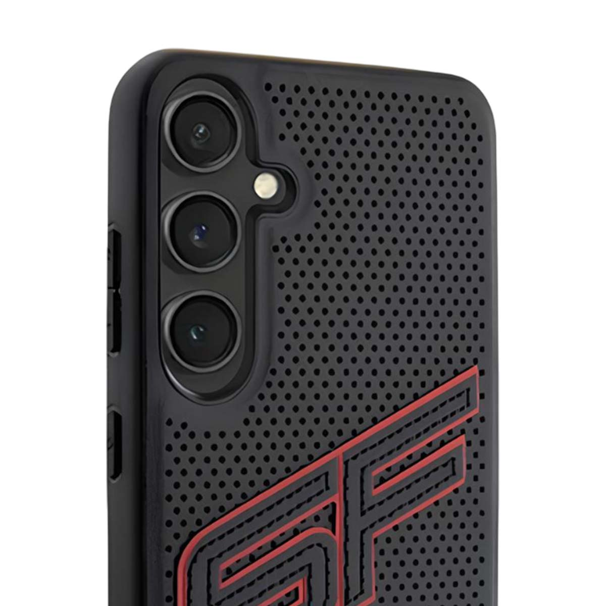 Custodia nera per telefono con modulo fotocamera. Ha un logo 'SF' rosso e grigio sul retro. La custodia ha una trama a pois.