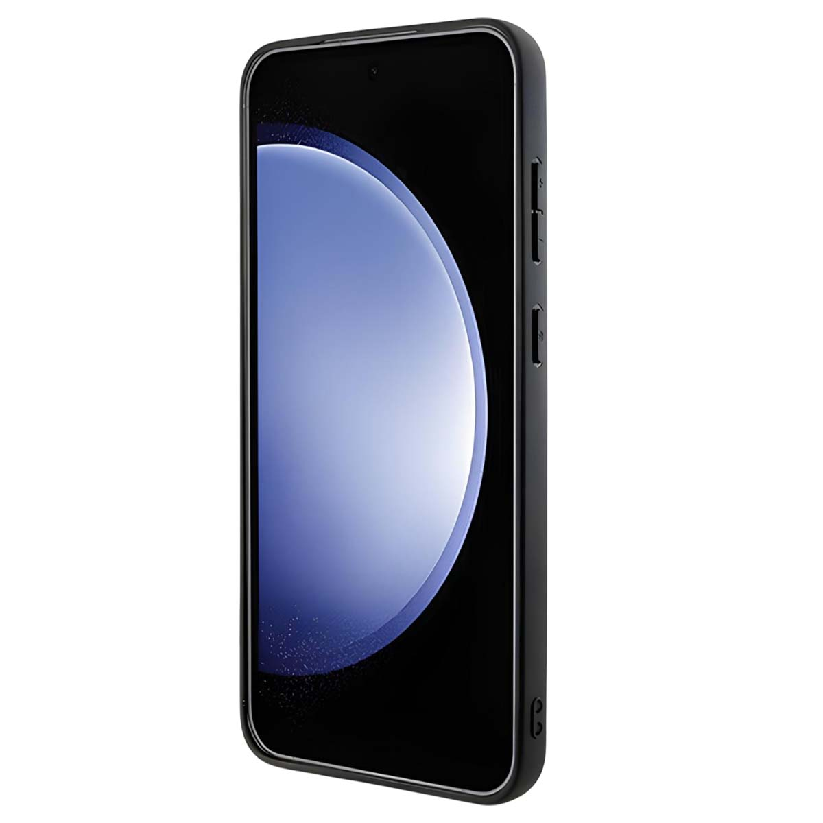 Uno smartphone nero in una custodia nera. Lo schermo mostra una sfumatura blu chiaro. I pulsanti sono visibili sul lato.
