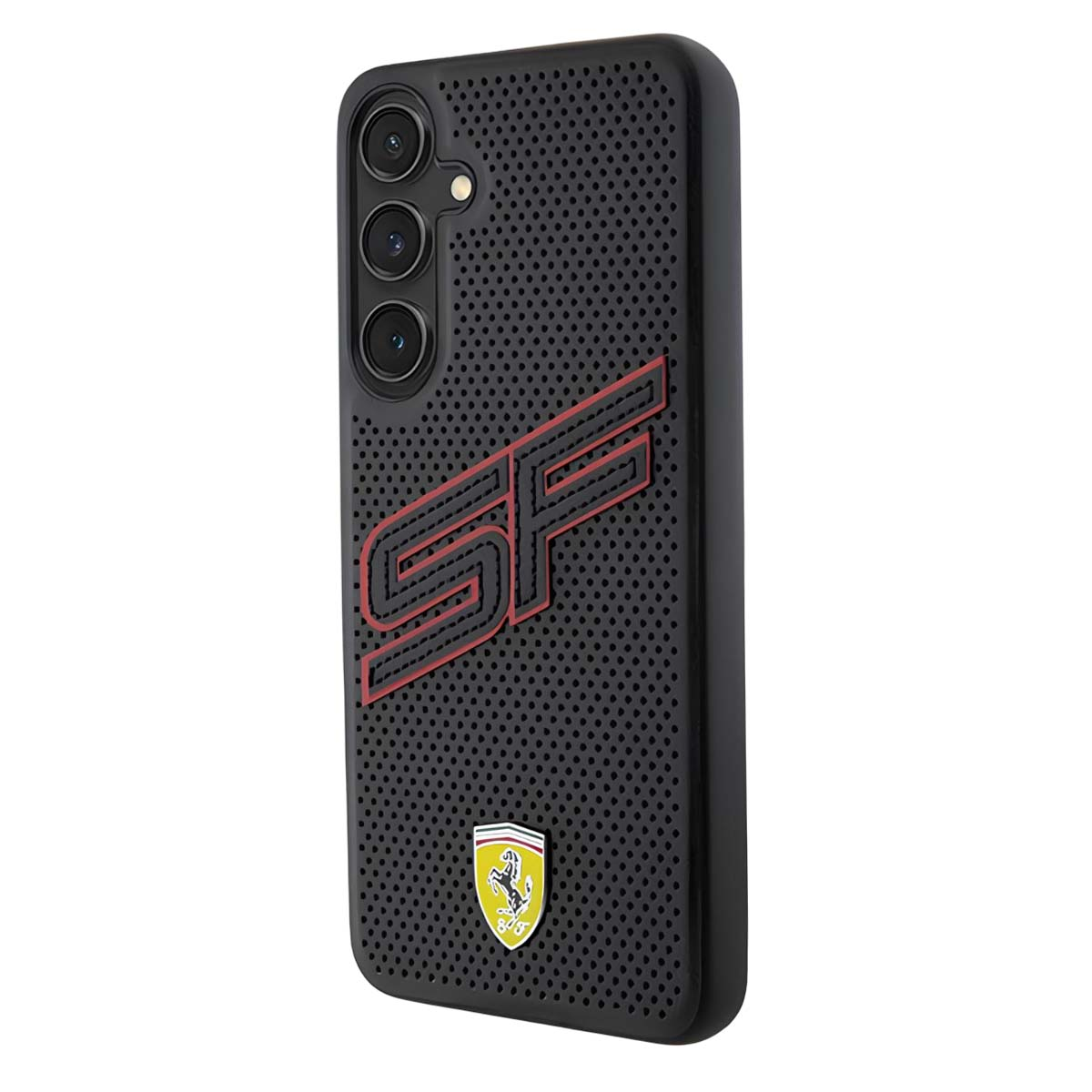 Custodia nera per telefono con logo SF rosso e logo Ferrari. La custodia ha un design perforato.