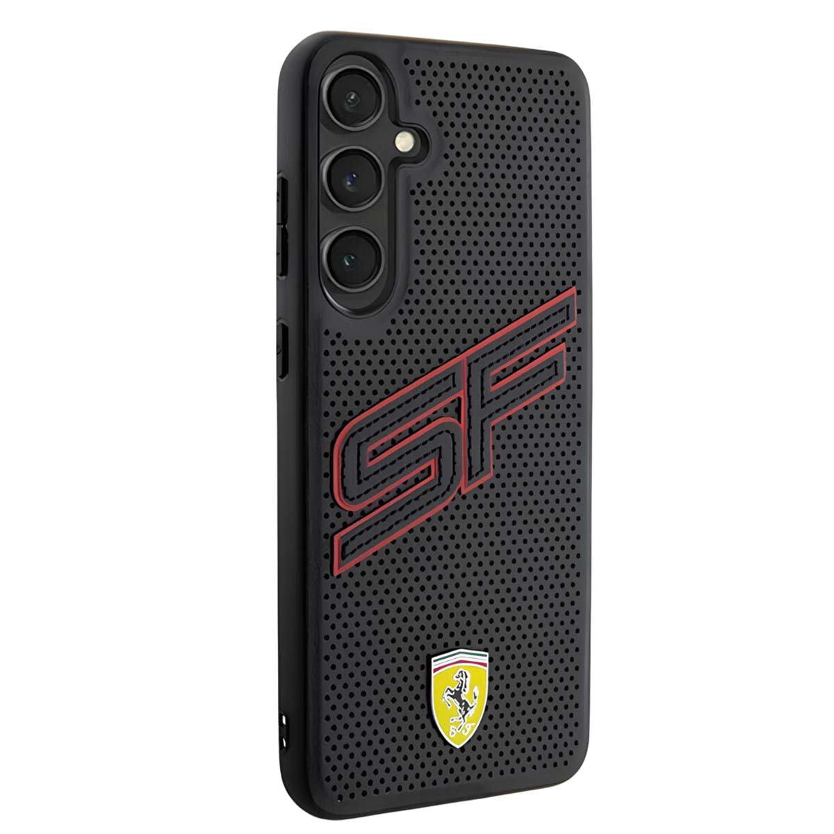 Una custodia nera per telefono con design perforato. Presenta un logo 'SF' rosso e l'emblema Ferrari.