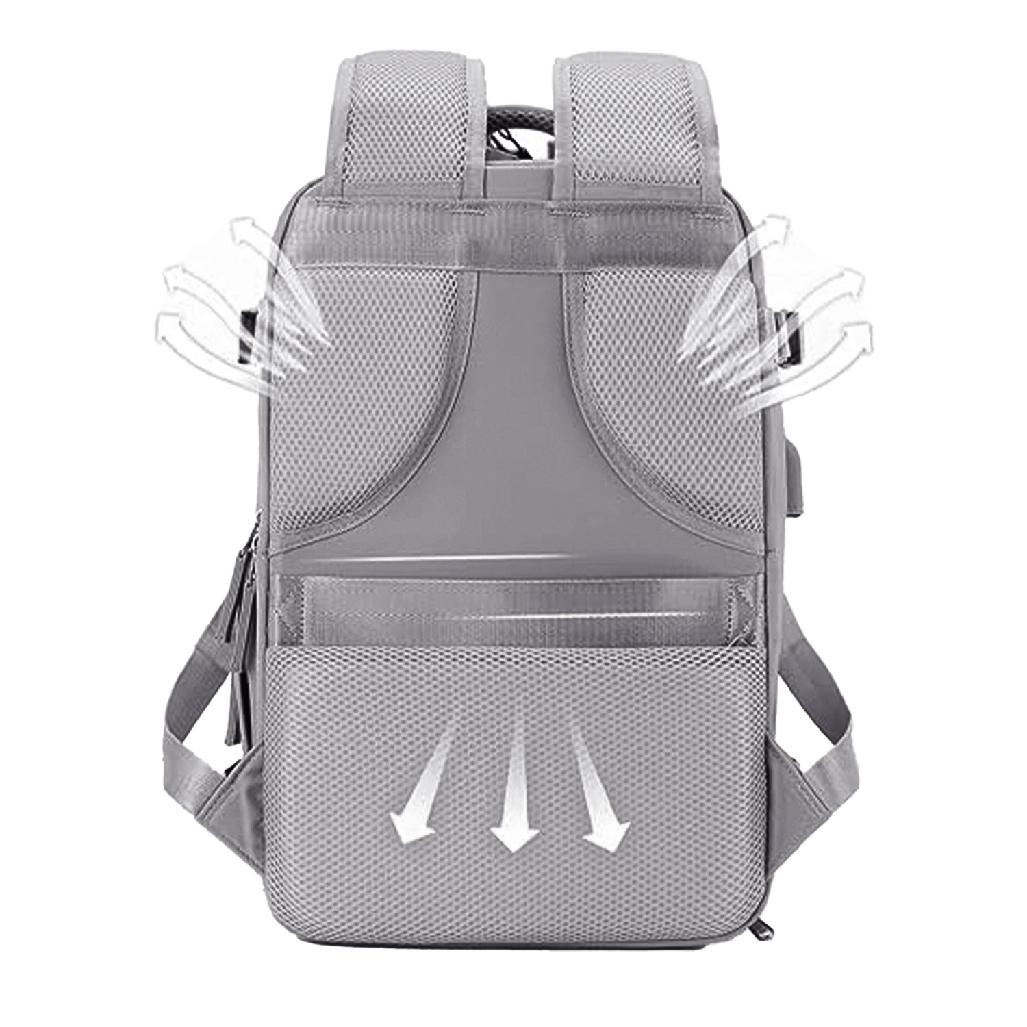Uno zaino grigio con design a rete e flusso d'aria. Frecce bianche indicano la circolazione dell'aria. Spallacci e tasche visibili.