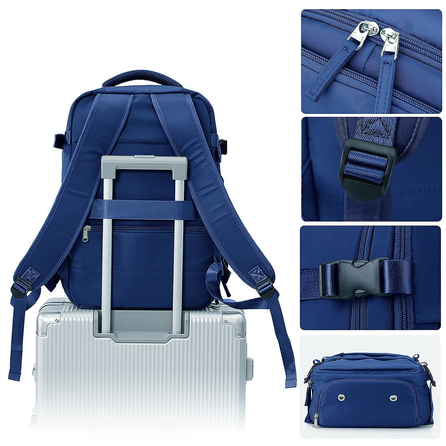 Uno zaino blu navy su una valigia argentata. I primi piani mostrano cerniere, fibbie e una piccola borsa blu navy.