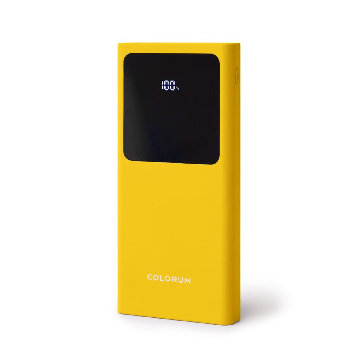 Gelbe Powerbank, die 100% auf ihrem Bildschirm anzeigt. Der Markenname 'COLORUM' befindet sich unten, vor weißem Hintergrund.