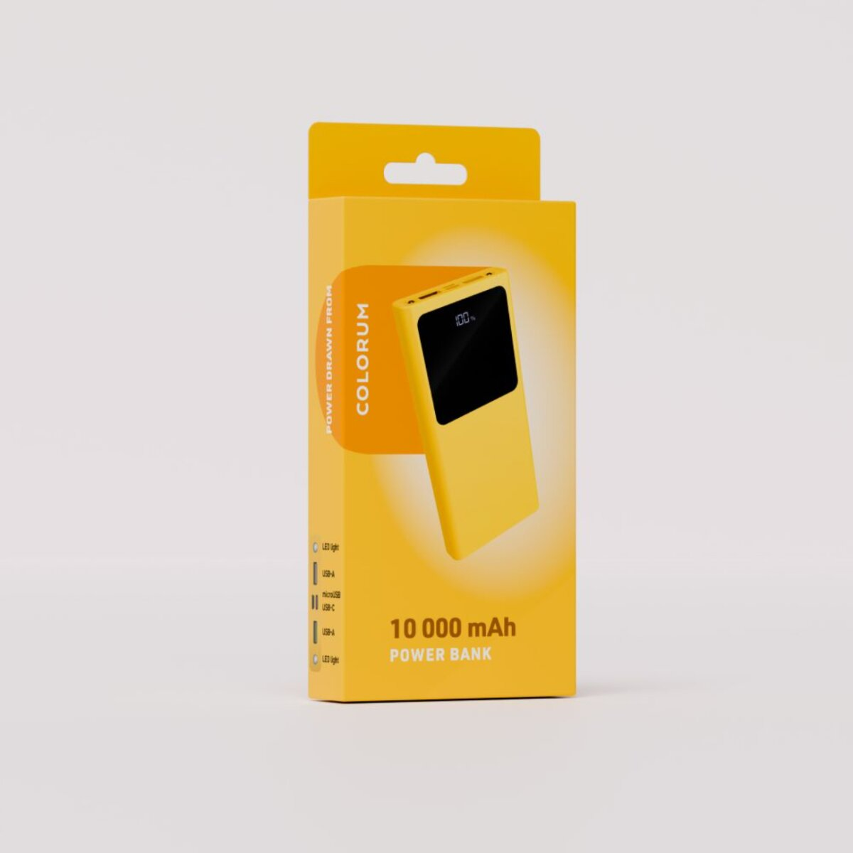 Eine gelbe Powerbank-Box mit einer Powerbank darin. Auf der Box steht 'COLORUM' und '10 000 mAh POWER BANK'.