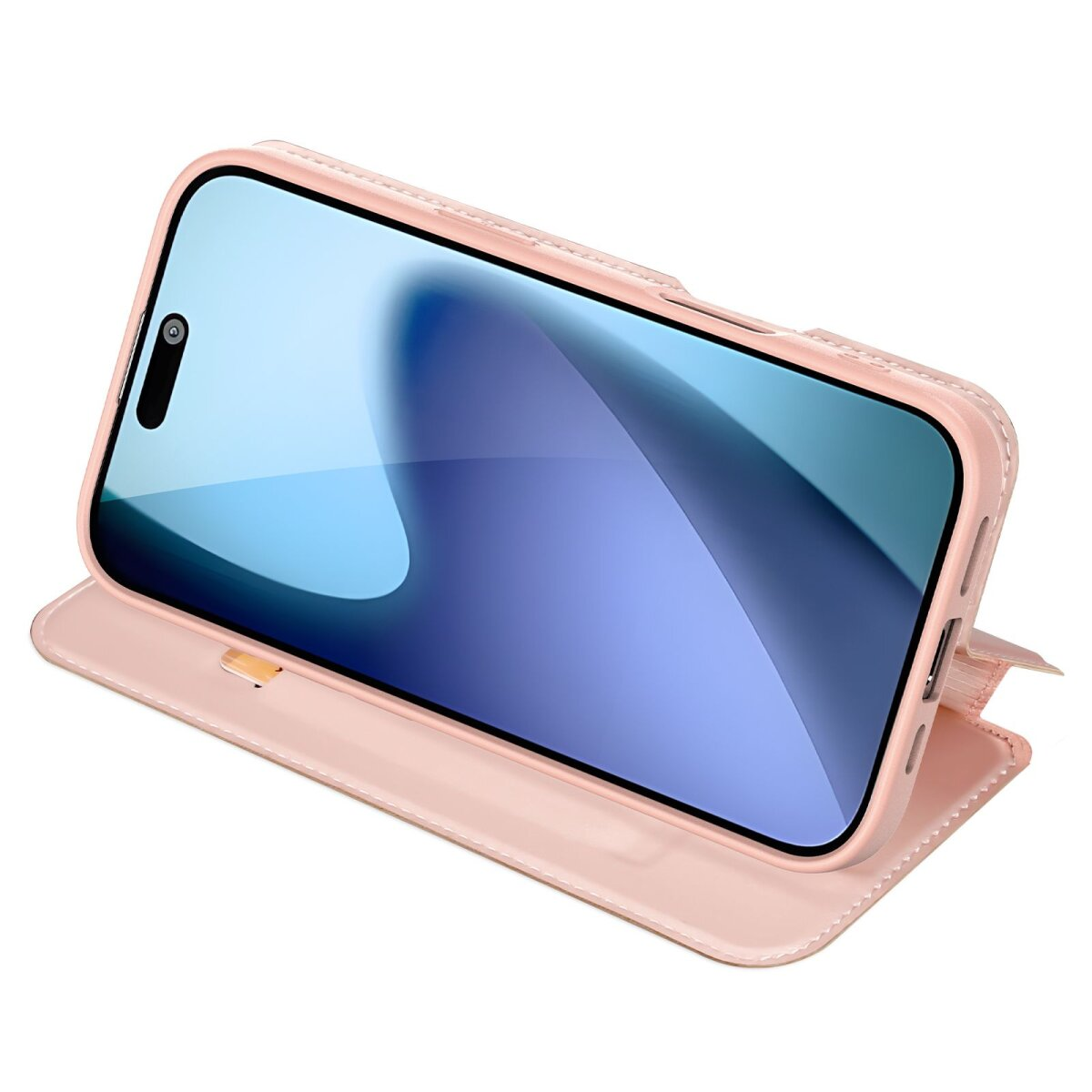 Ein rosafarbenes Telefon mit Displayschutzfolie befindet sich in einer rosafarbenen Hülle, die wie ein Buch geöffnet ist, auf einer weißen Oberfläche.