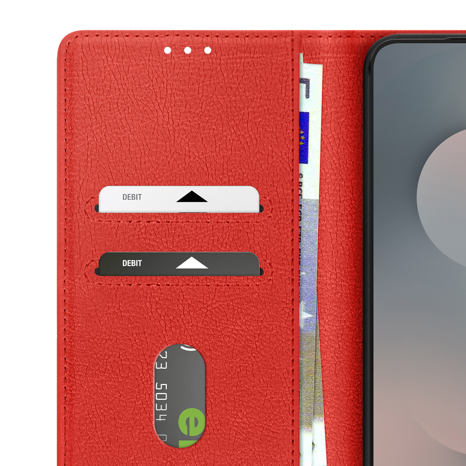 Rotes Portemonnaie mit Debitkarten und einem Telefon. Enthält Geld und Kreditkarte. Telefon ist rechts.