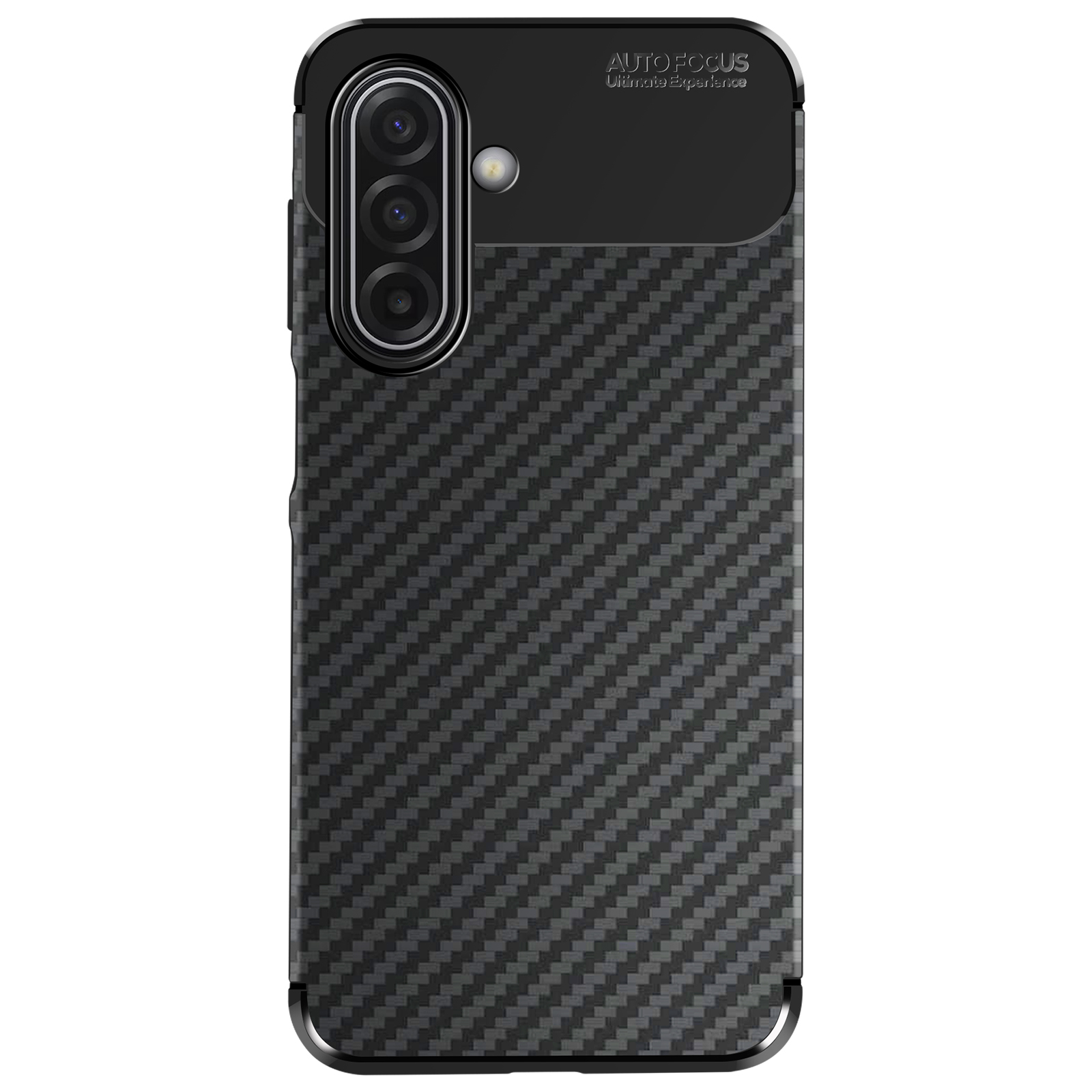 Custodia per telefono nera con motivo in fibra di carbonio. Ha un array di fotocamere e le parole 'AUTO FOCUS'.