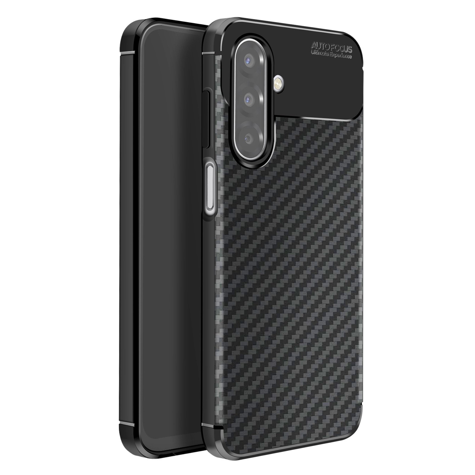 Custodia per telefono nera con trama in fibra di carbonio. Ha un ritaglio per la fotocamera e la scritta 'Auto Focus Ultimate Experience'.