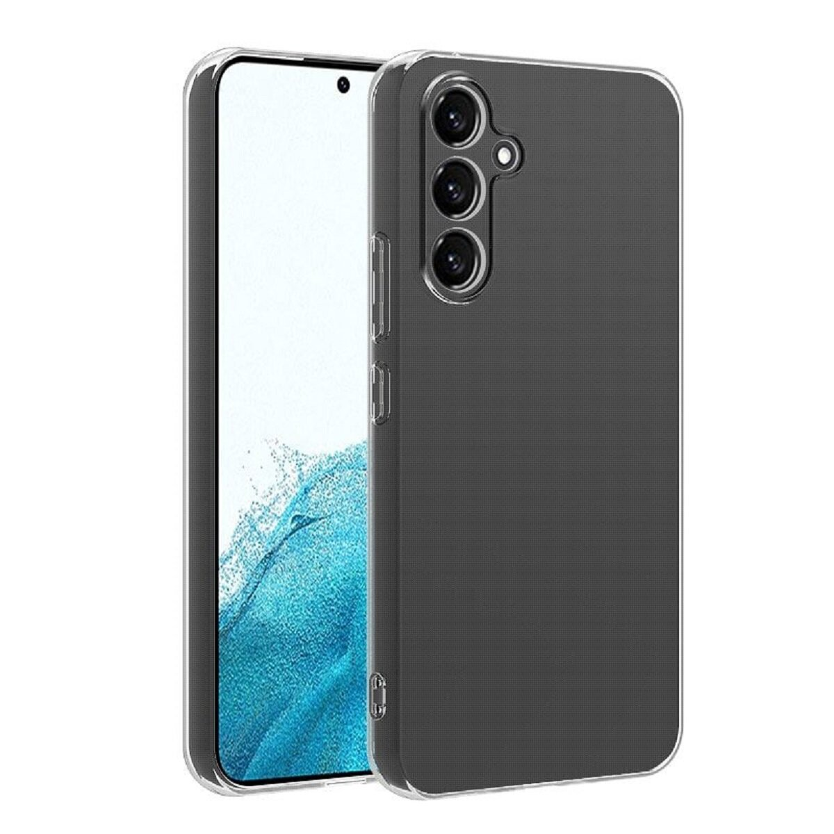Ein Smartphone in einer dunkelgrauen Hülle. Die Hülle hat einen transparenten Rahmen. Der Bildschirm zeigt ein hellblaues Bild.