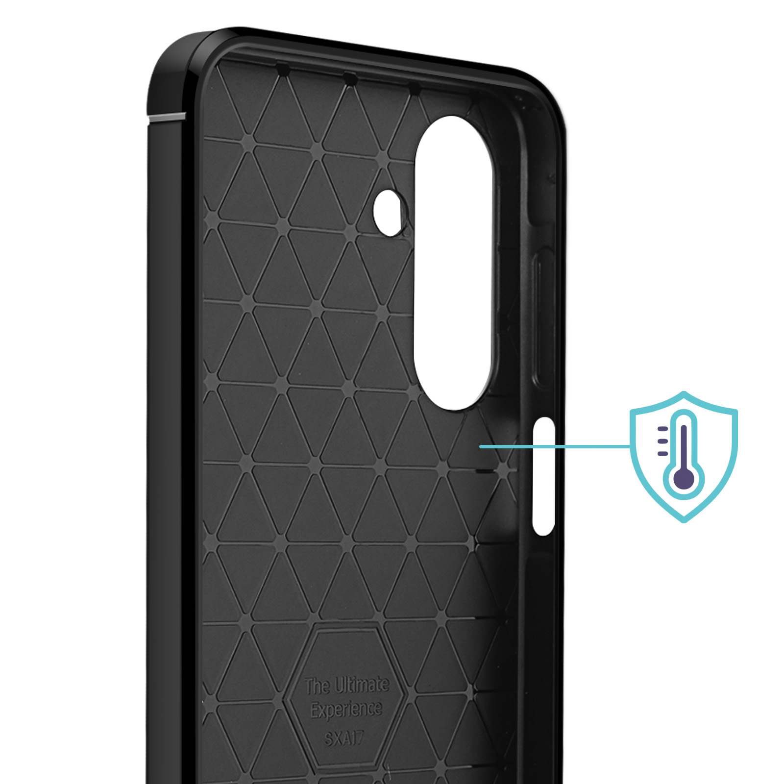 Custodia nera per telefono con motivo a triangoli. Foro bianco per la fotocamera. Viene visualizzata un'icona di protezione della temperatura.