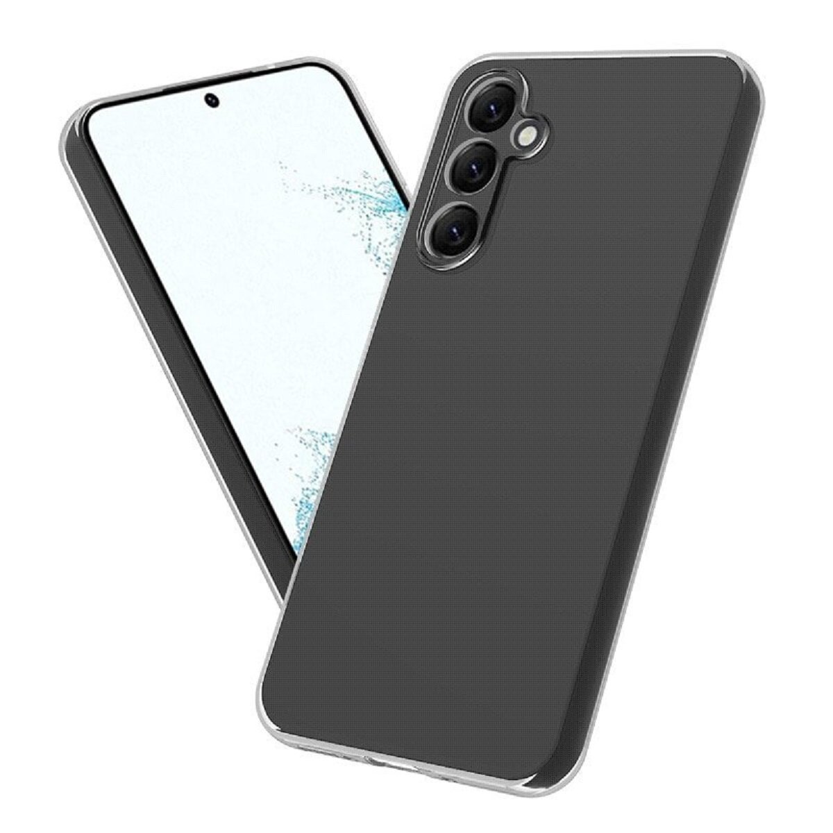 Zwei Smartphones; eines mit weißem Bildschirm, das andere in einer dunkelgrauen Hülle. Beide Telefone vor weißem Hintergrund.