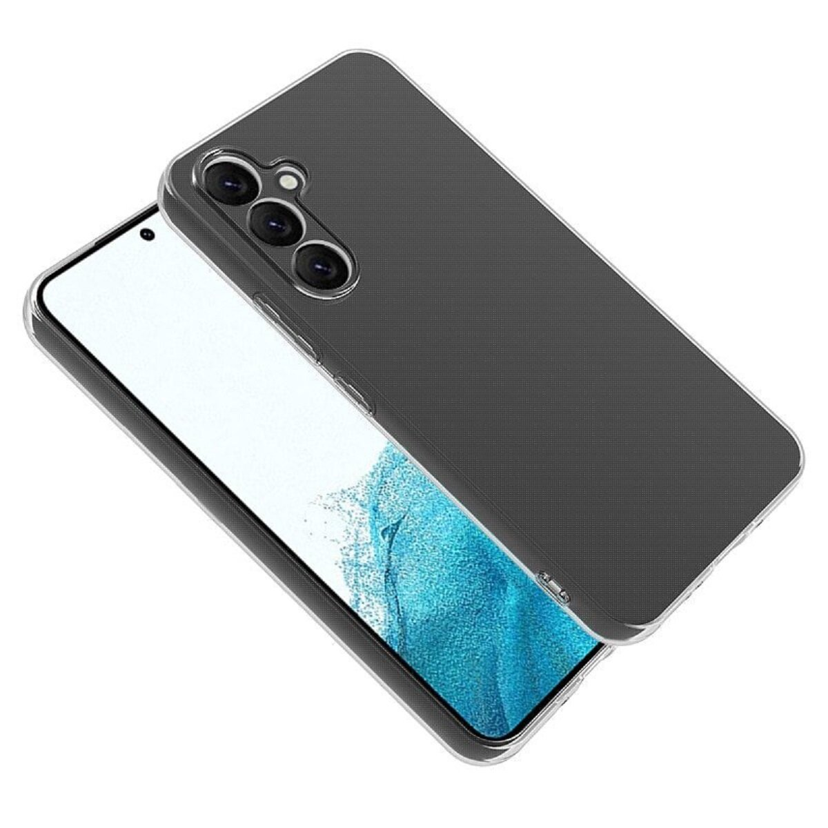 Eine dunkelgraue Handyhülle auf einem Handy mit blauem Muster auf dem Bildschirm. Die Hülle hat Kameralöcher.