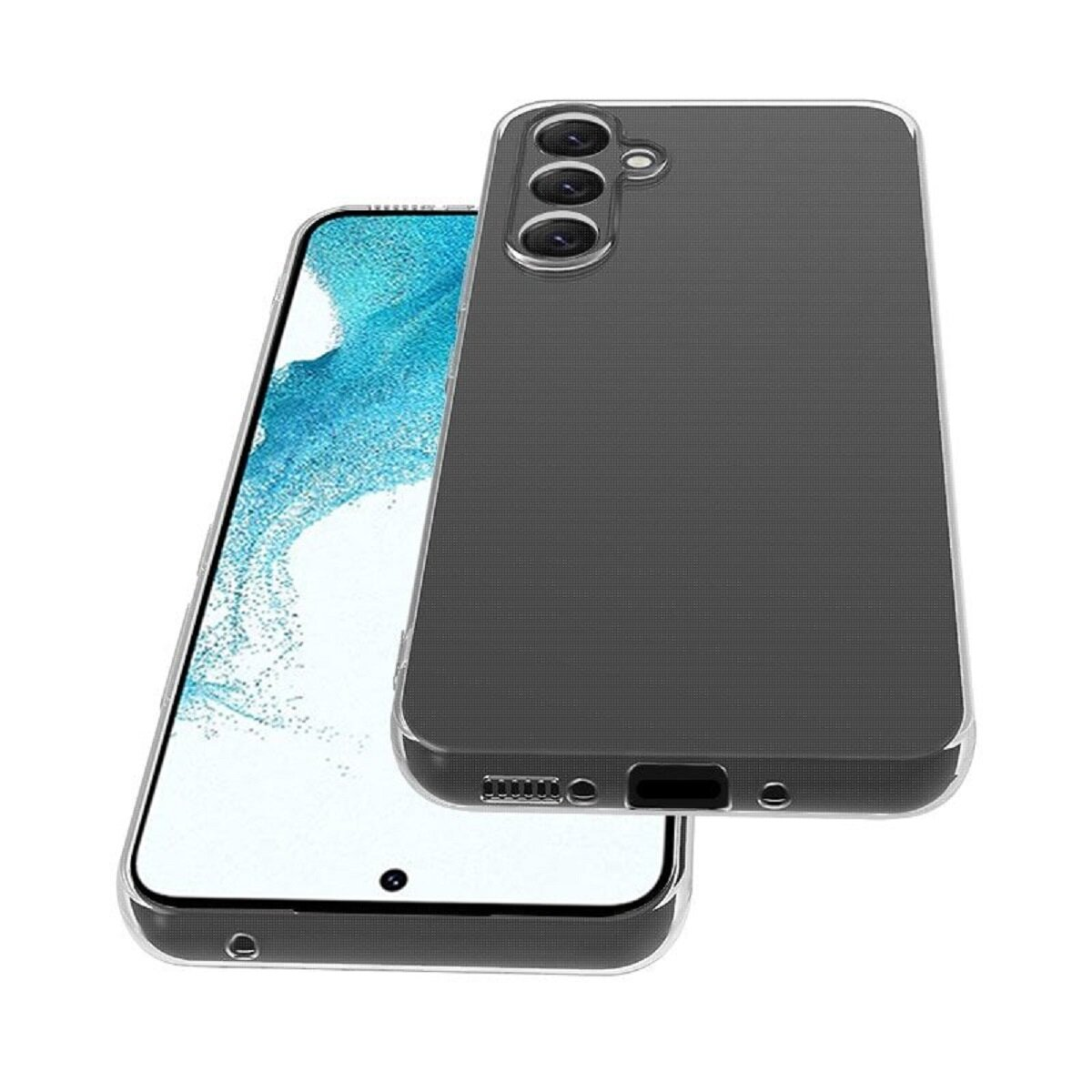 Ein Smartphone in einer transparenten Schutzhülle. Das Telefon hat einen Bildschirm und Kameralinsen. Die Hülle ist transparent.