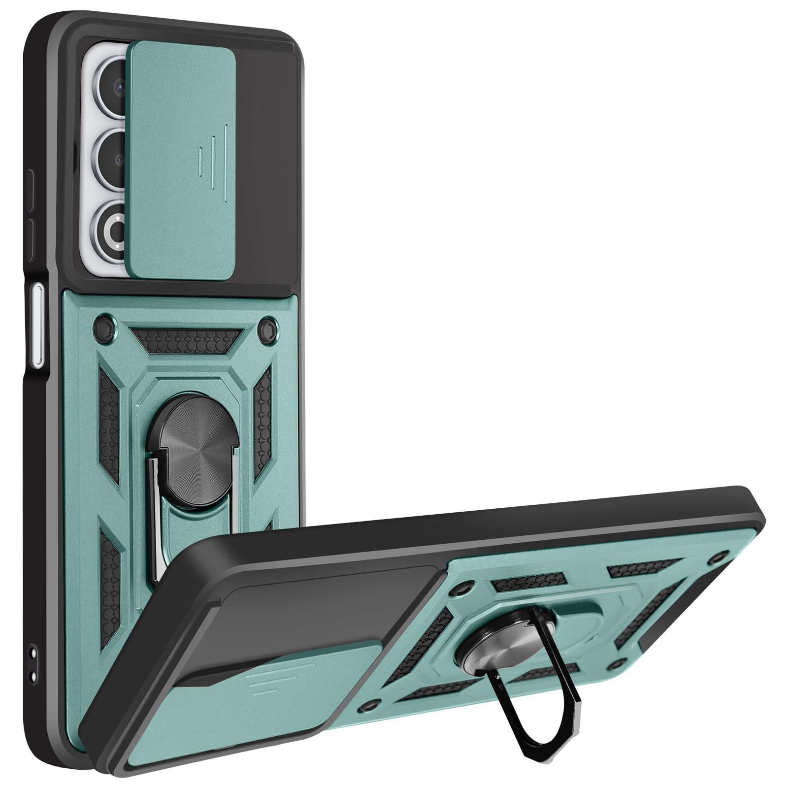 Una custodia per telefono verde acqua con copertura per fotocamera e supporto ad anello. La custodia è nera e verde acqua, con un design strutturato.
