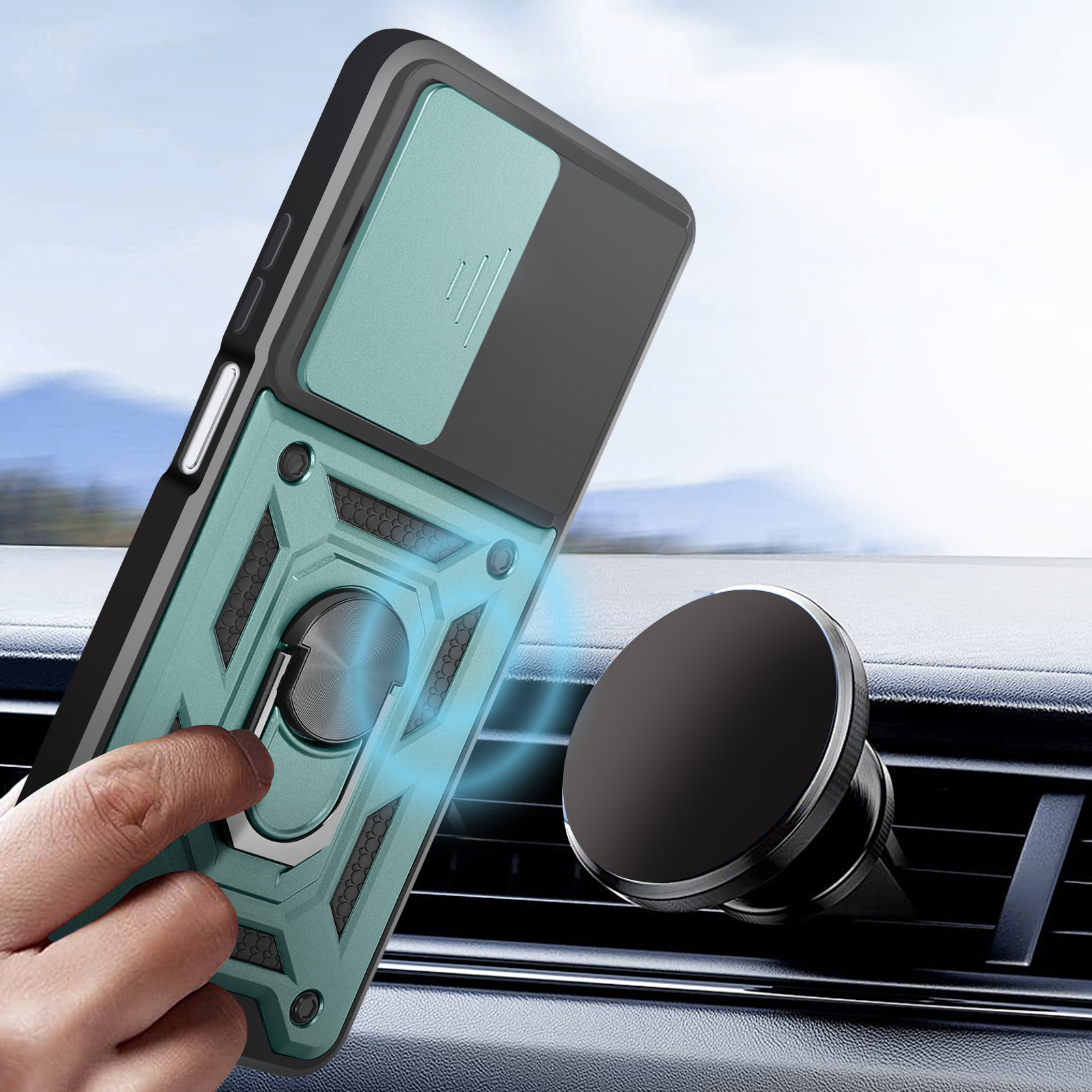 Una custodia per telefono e un supporto magnetico per auto. La custodia è verde acqua e nera. Una mano tiene la custodia. Il supporto è nero.