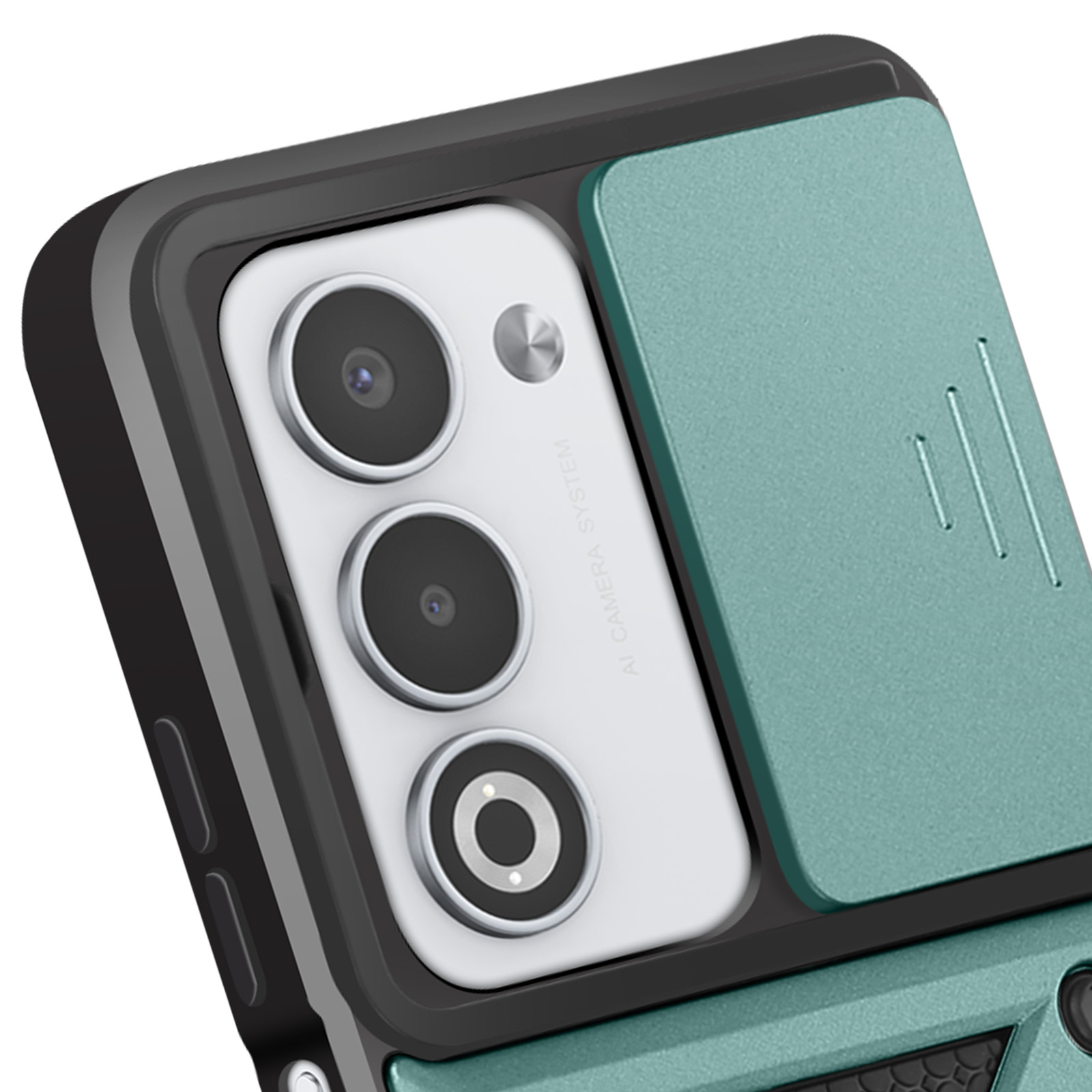 Primo piano di una custodia per smartphone con più lenti della fotocamera e una copertura verde.