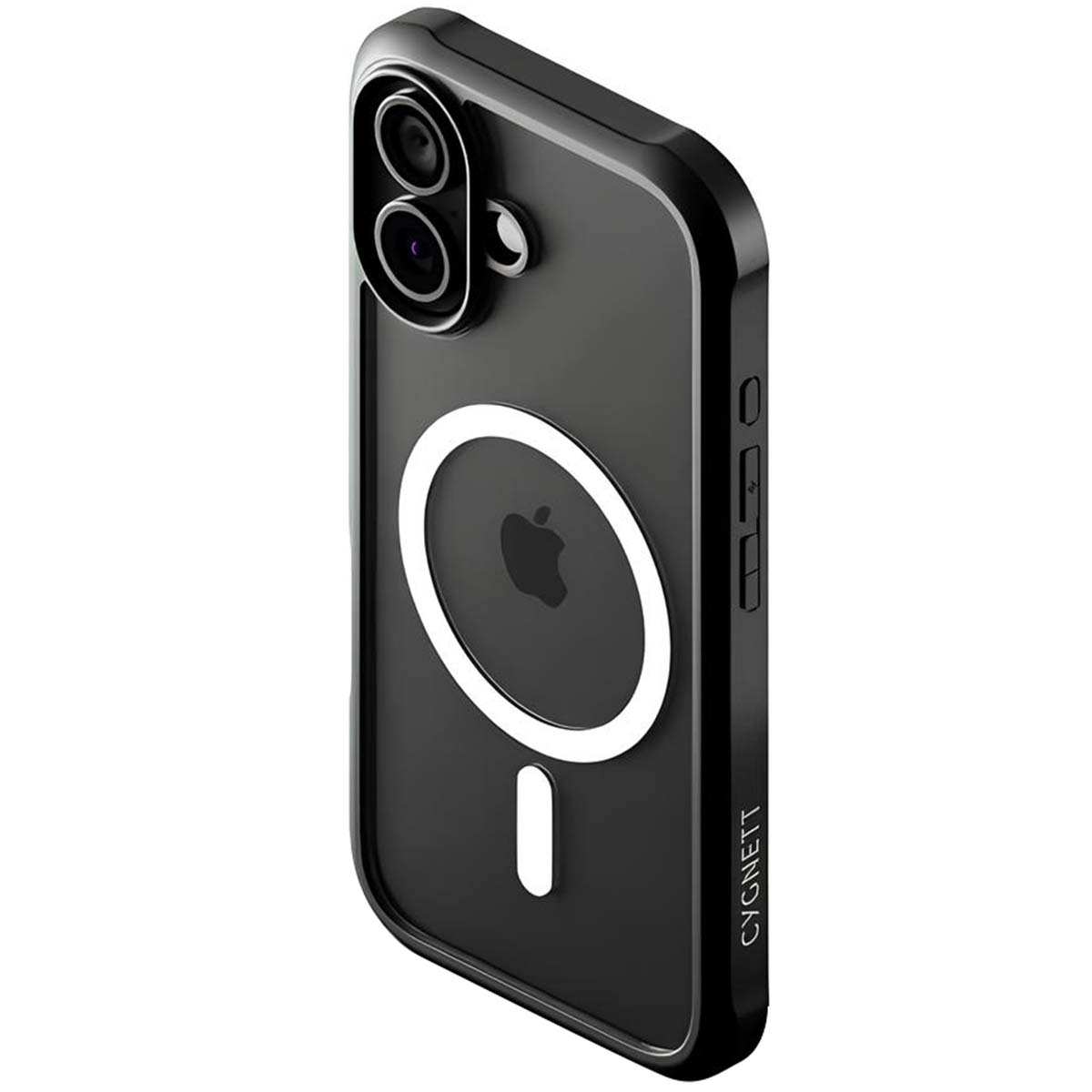 Custodia nera per telefono con retro trasparente. Cerchio bianco con segno meno e logo Apple nero.