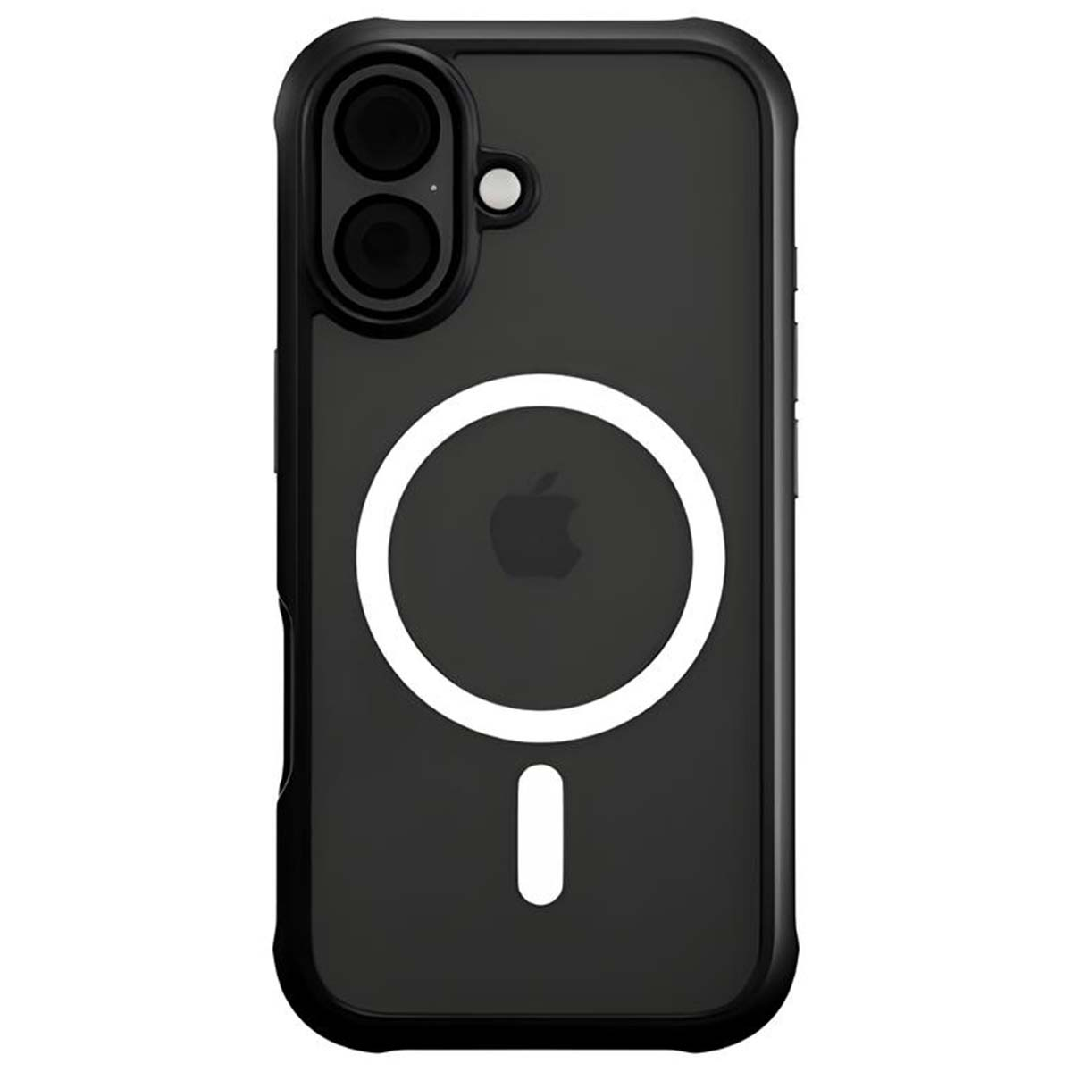 Custodia nera per telefono con fori per fotocamera, cerchio bianco, logo Apple e segno meno in basso.