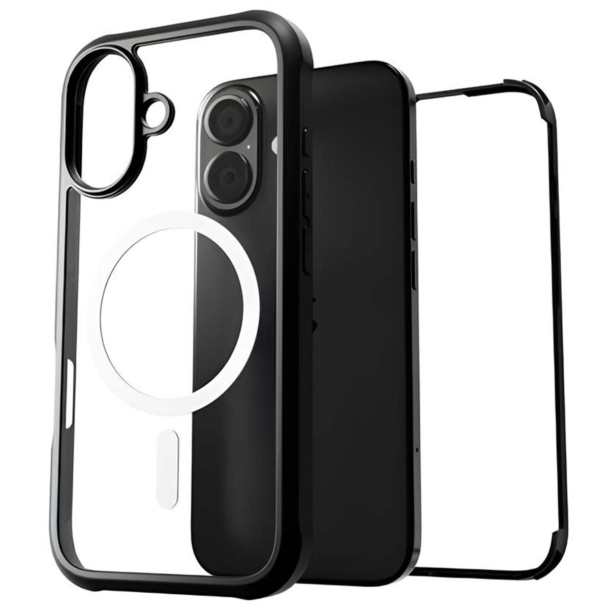 Una custodia trasparente per telefono con cornice nera e cerchio bianco, con un telefono nero all'interno e una cornice separata.