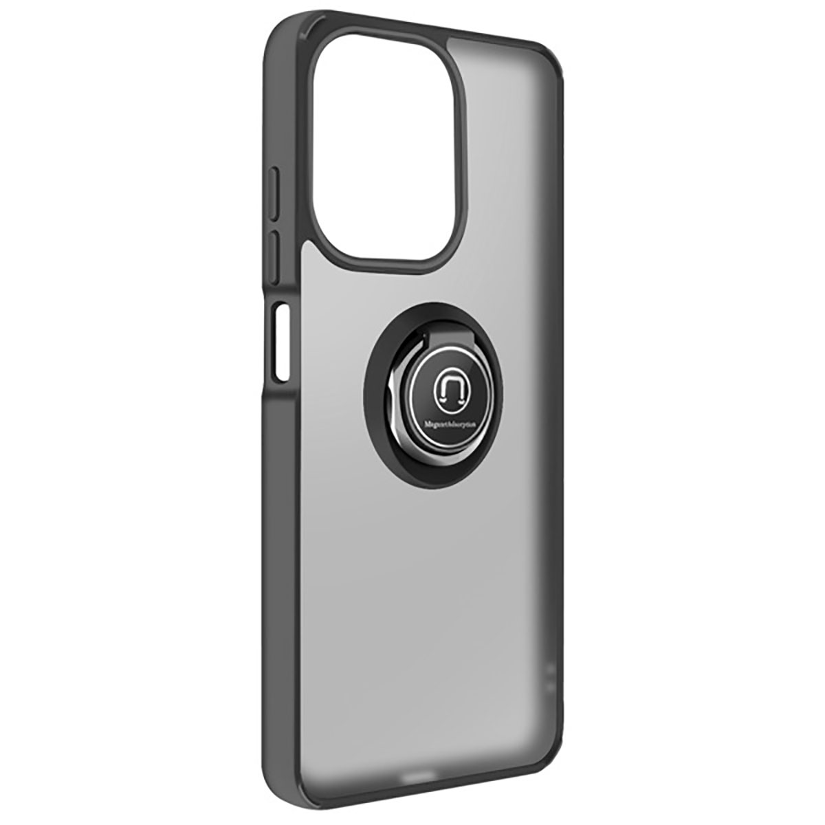 Een telefoonhoesje met een zwart frame en een doorzichtige achterkant. Het heeft een ringhouder in het midden.