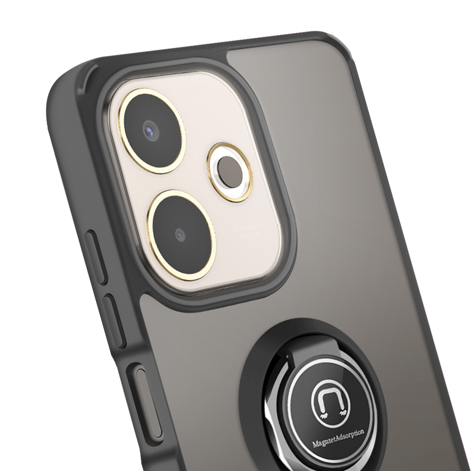 Close-up van een telefoonhoesje met een ringhouder. De hoes is zwart met een camerabult en een zilveren ring.