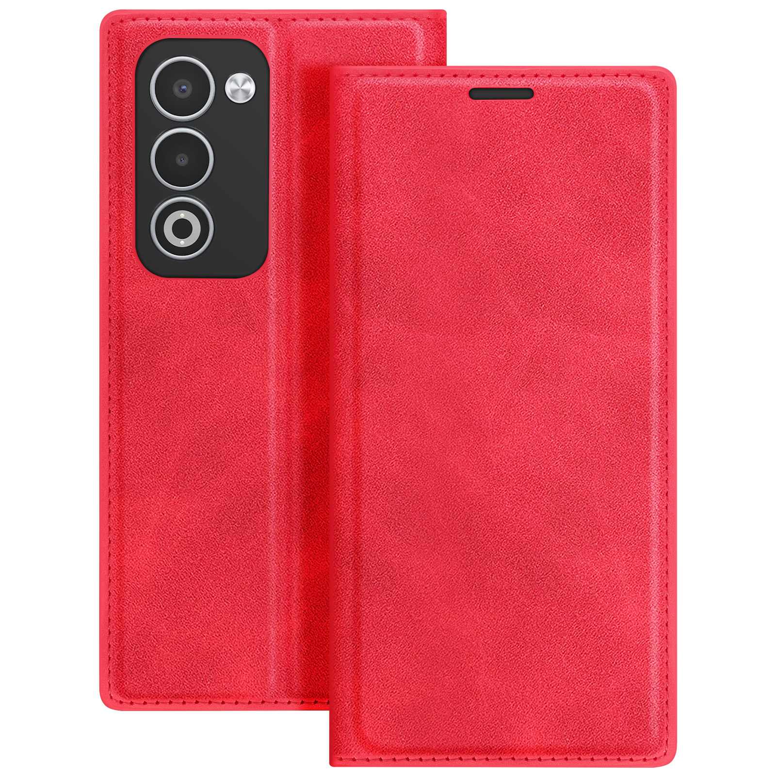 Custodia per telefono rossa, aperta. Ha un ritaglio per la fotocamera con tre lenti. La custodia è strutturata e ha una chiusura magnetica.