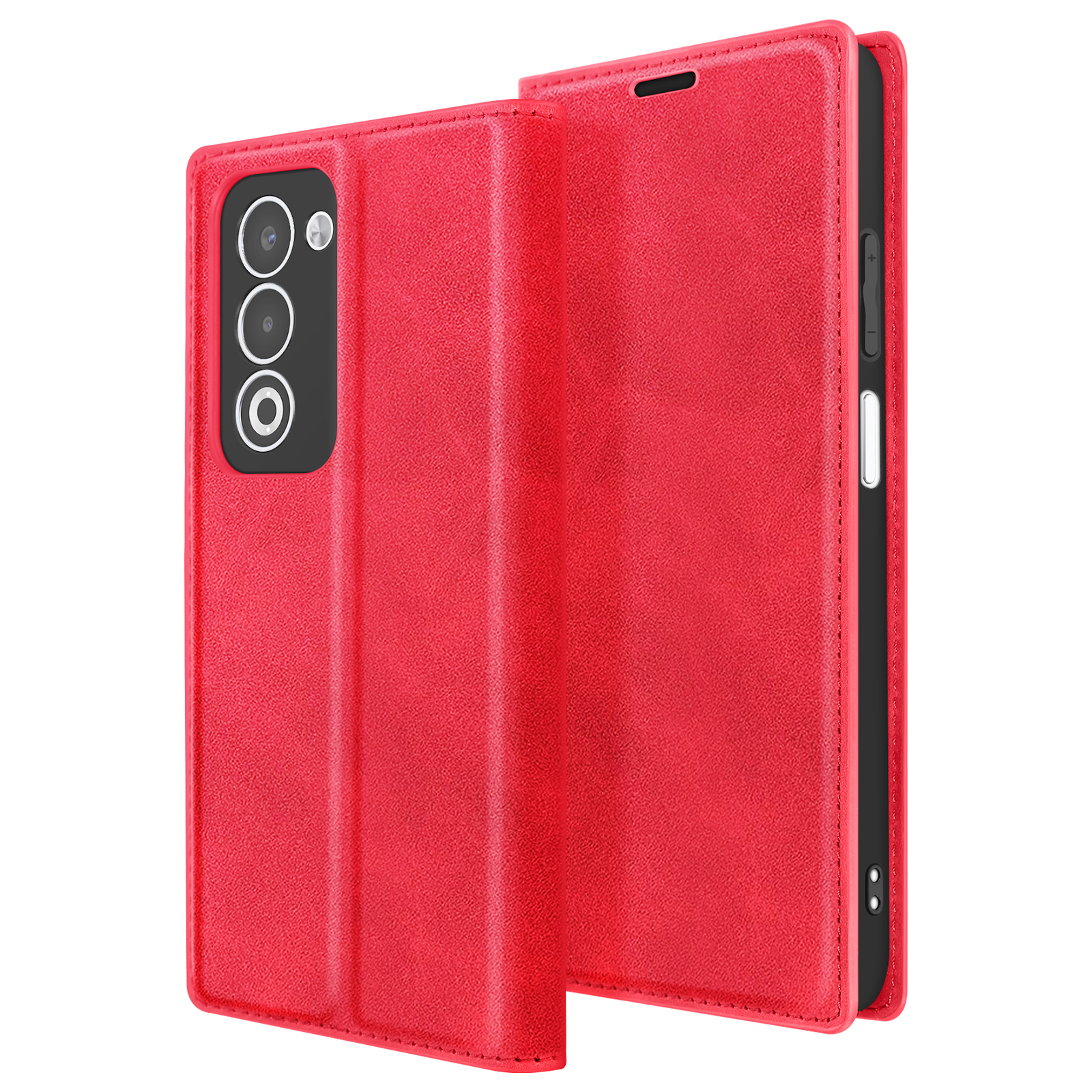 Una custodia rossa per telefono è aperta, mostrando la fotocamera e i pulsanti del telefono. La custodia ha una finitura testurizzata.