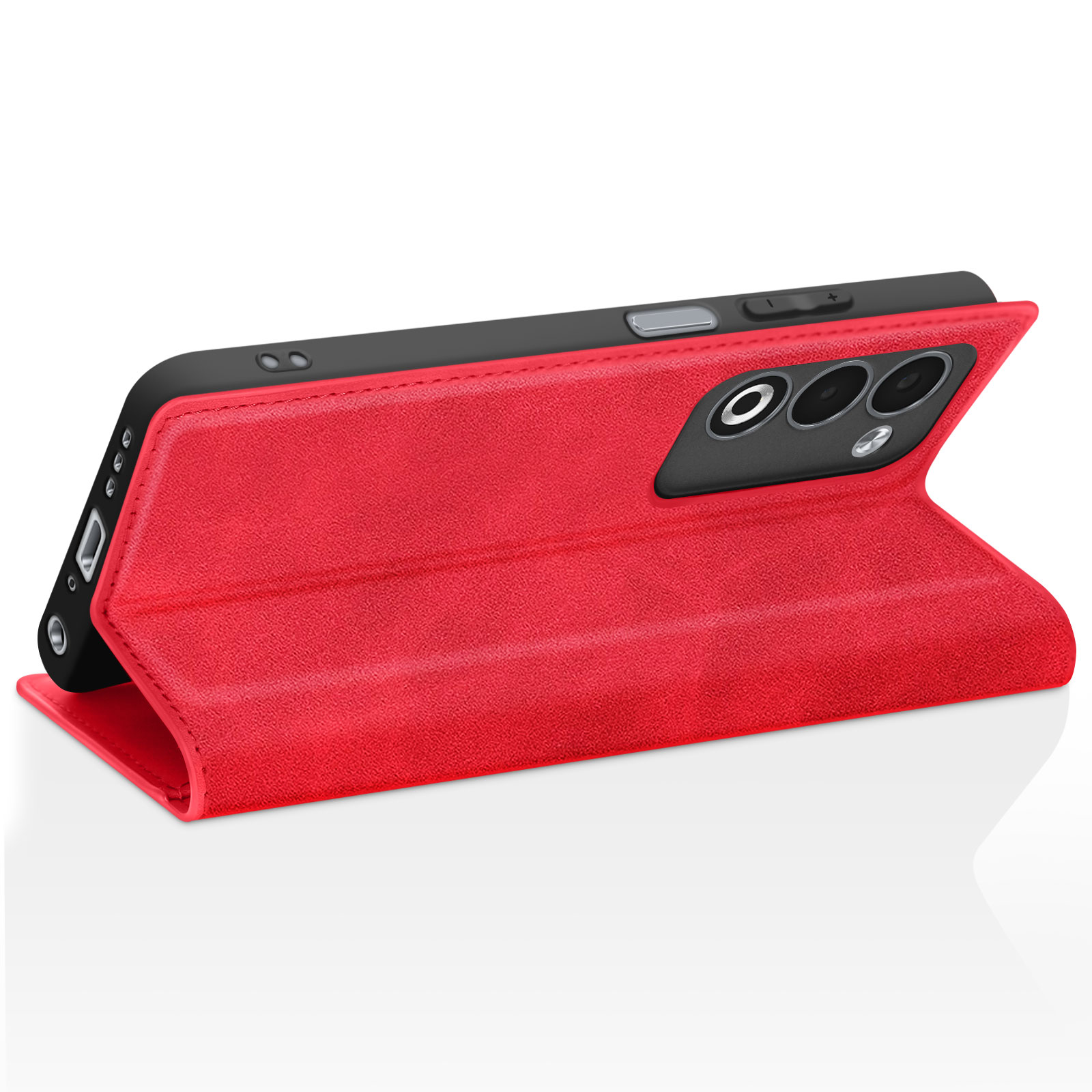 Custodia per telefono rossa, aperta, che mostra telefono e fotocamera. Telefono nero, custodia rossa. Sfondo bianco.