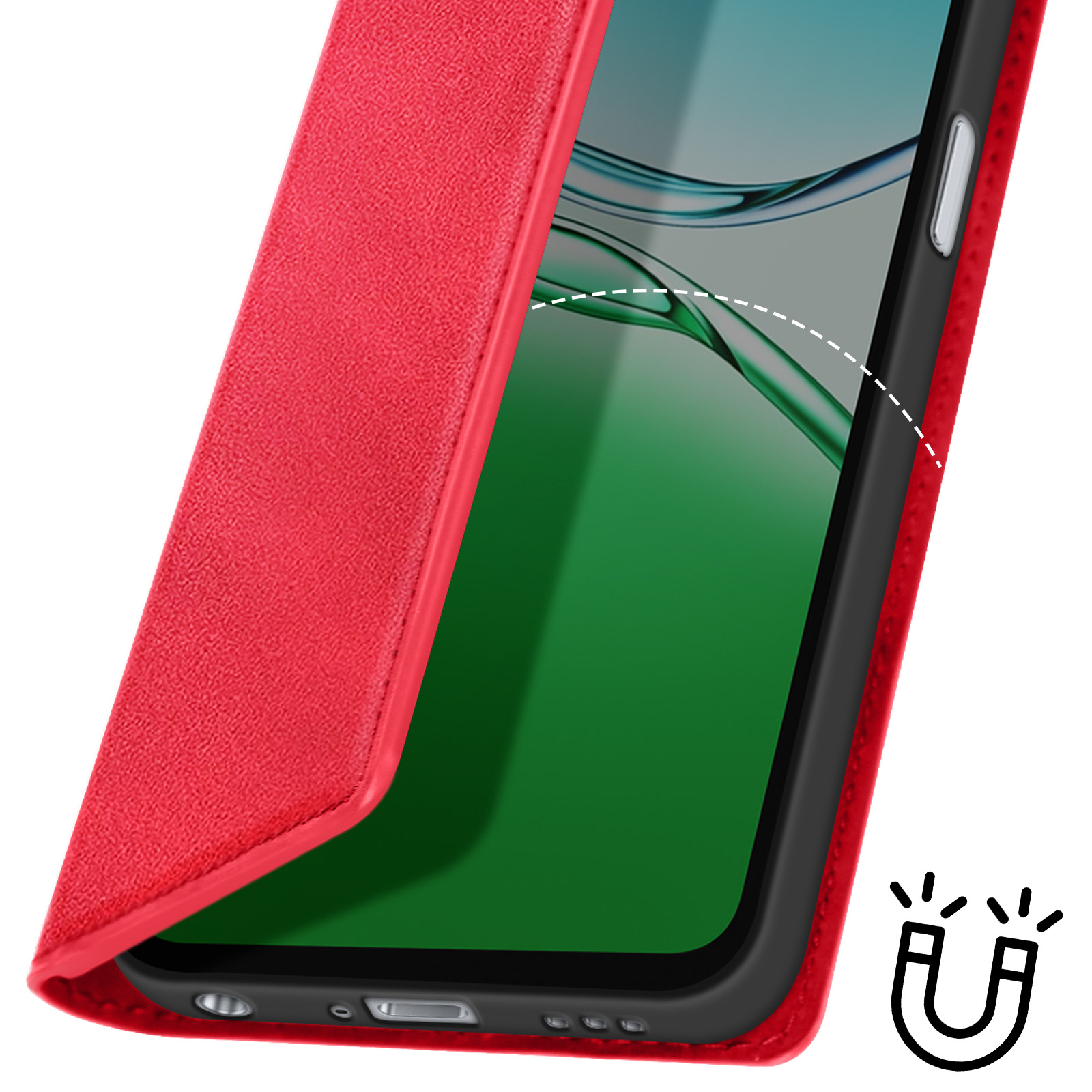 Una custodia rossa per telefono è parzialmente aperta, rivelando uno schermo verde. Un'icona a calamita indica la chiusura magnetica.