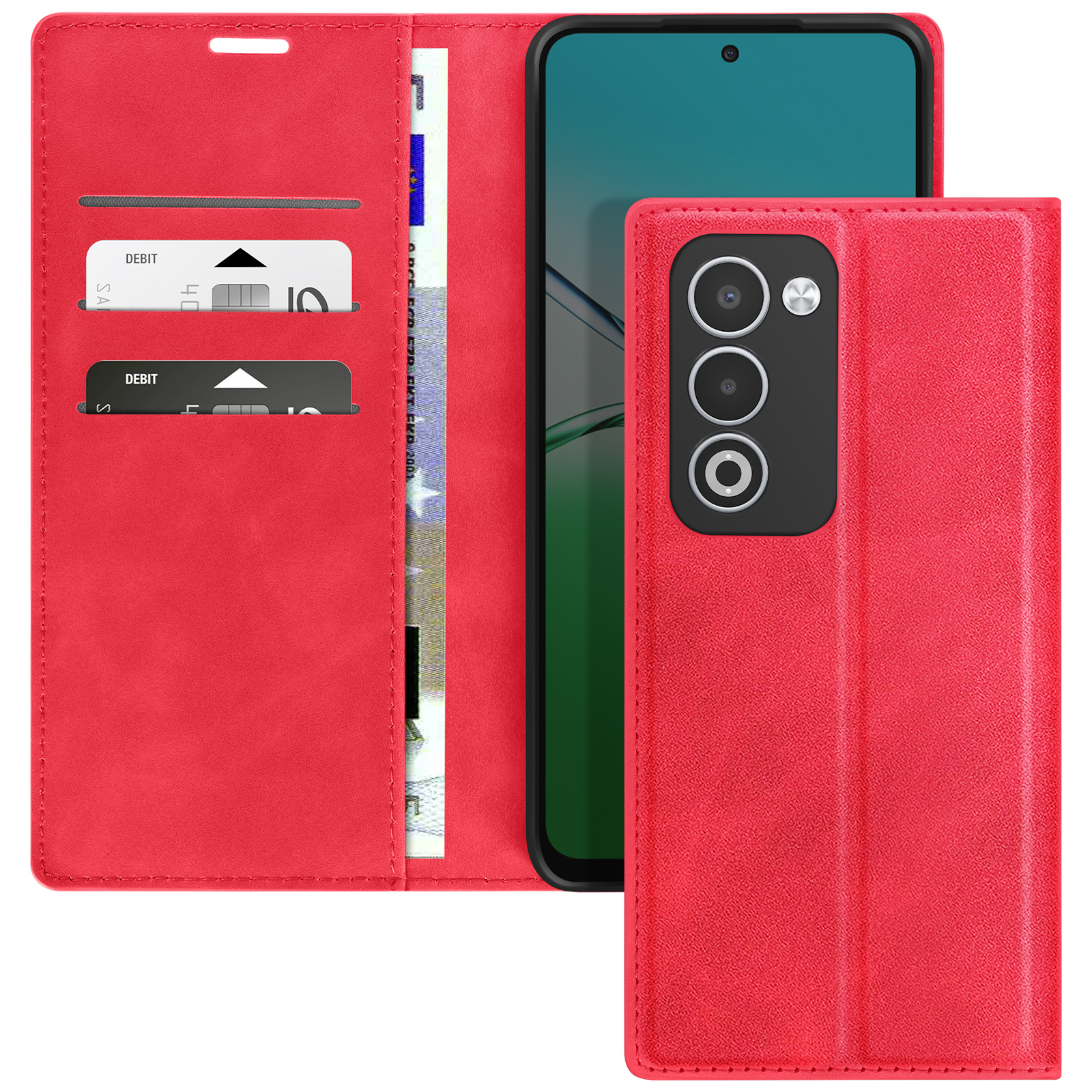 Custodia rossa per telefono con telefono e carte all'interno. La custodia è aperta, mostrando lo schermo.