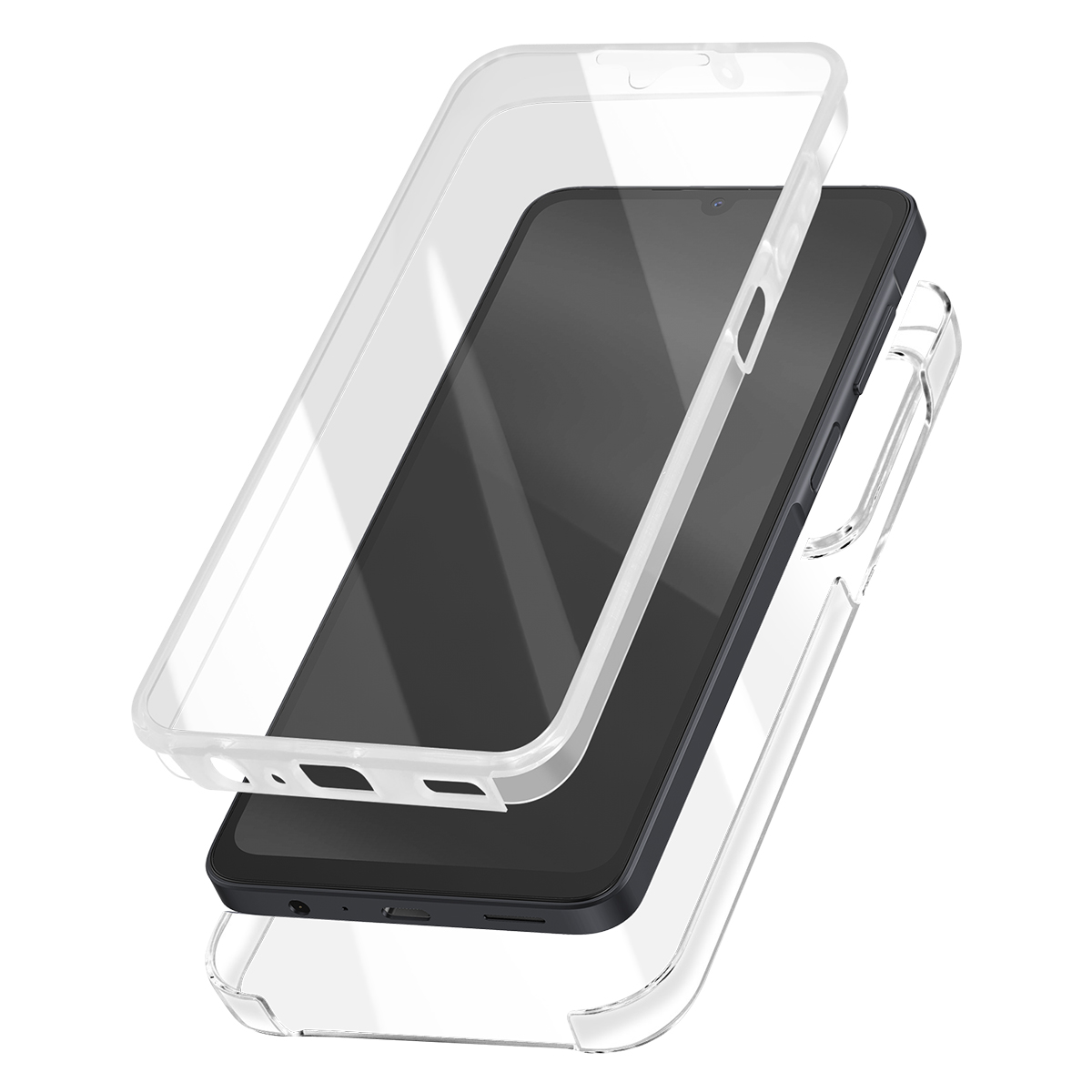 Een smartphone met een transparante beschermhoes. De hoes bestaat uit drie delen, die in elkaar gezet lijken te worden.
