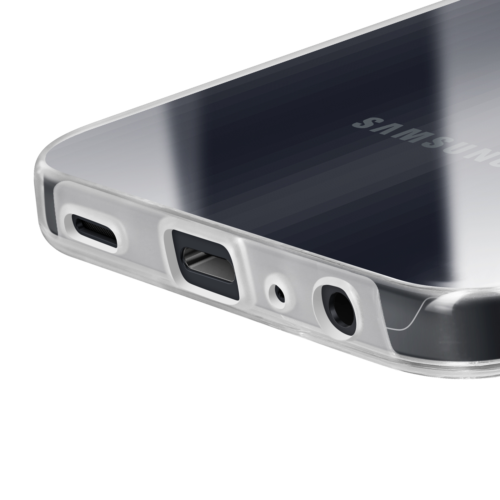 Close-up van een telefoon met een doorzichtige hoes. Poorten en het Samsung-logo zijn zichtbaar.