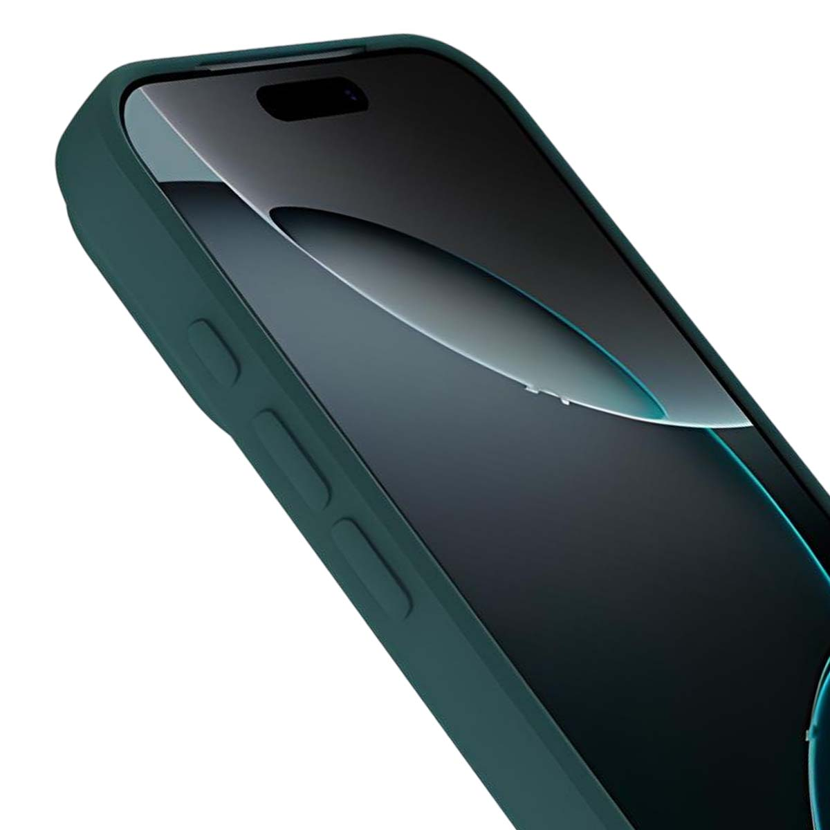 Nahaufnahme einer tealfarbenen Handyhülle mit Displayschutz auf einem schwarzen Smartphone. Die Seitentasten des Telefons sind sichtbar.