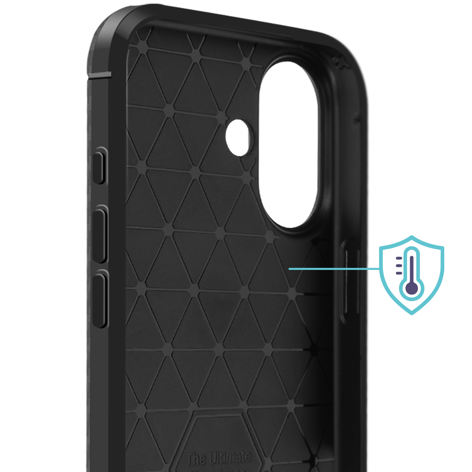 Custodia nera per telefono con motivo geometrico. Un'icona a scudo termico a destra.