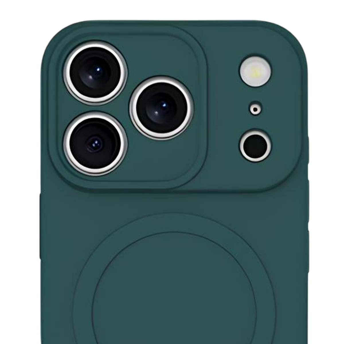 Nahaufnahme einer tealfarbenen Handyhülle. Sie hat drei Kameralinsen, einen Blitz und andere Sensoren. Eine kreisförmige Vertiefung ist sichtbar.