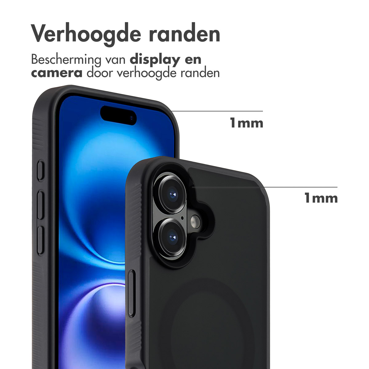 Custodia nera per telefono con bordi rialzati. La custodia protegge il display e la fotocamera del telefono. Ha un bordo rialzato di 1 mm.