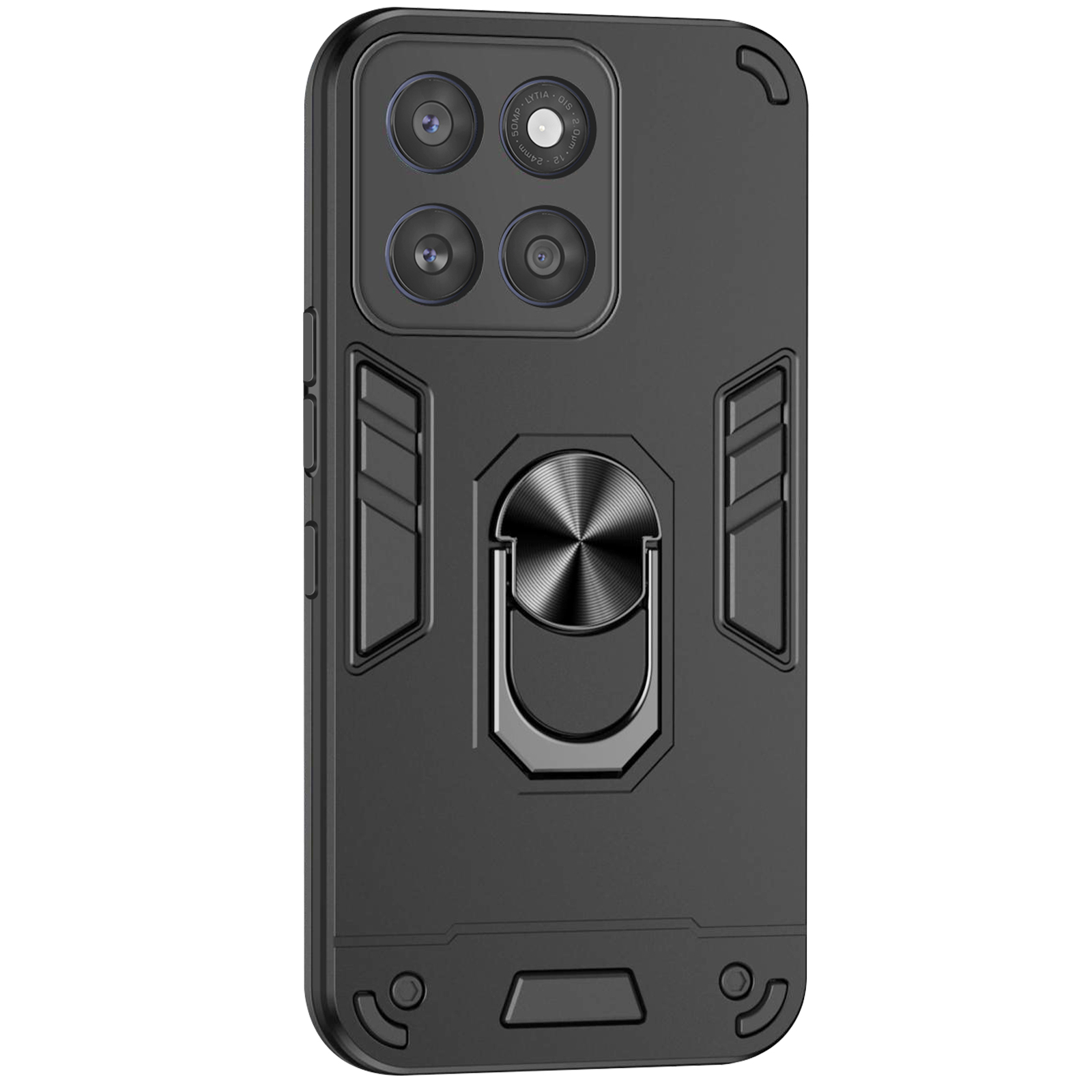 Coque de téléphone noire avec objectifs d'appareil photo, un support à anneau et un design texturé.