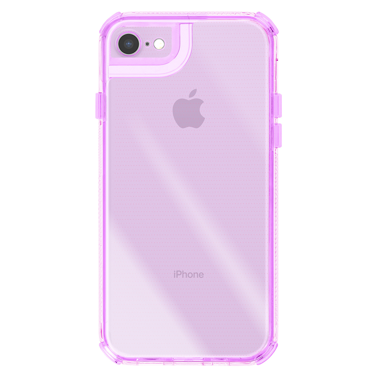 Un iPhone in una custodia viola trasparente. Il logo Apple è visibile. La custodia ha un telaio protettivo.