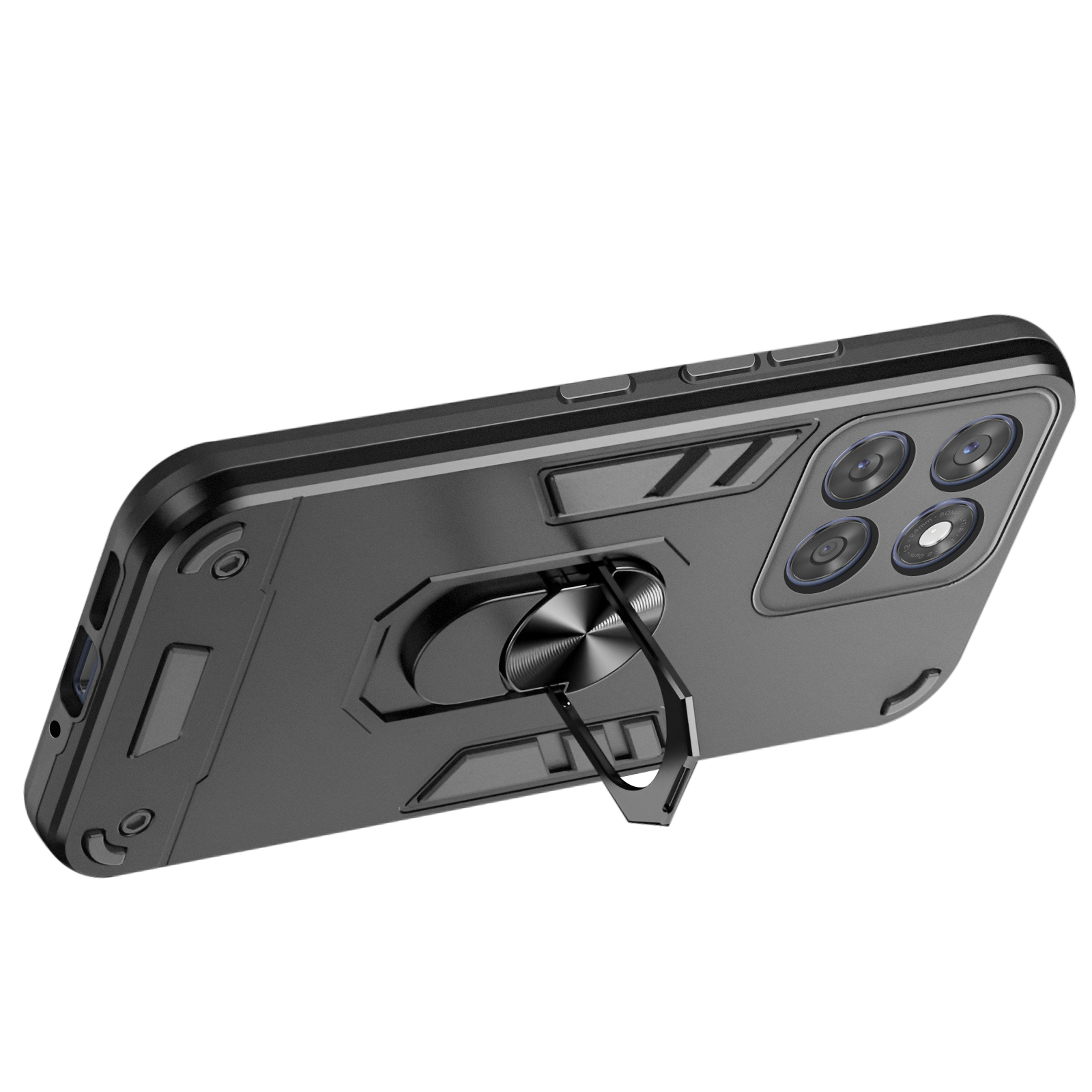Coque de téléphone noire avec un support annulaire, vue en angle. Comprend un ensemble de caméras, des boutons et un support. Le fond est blanc.